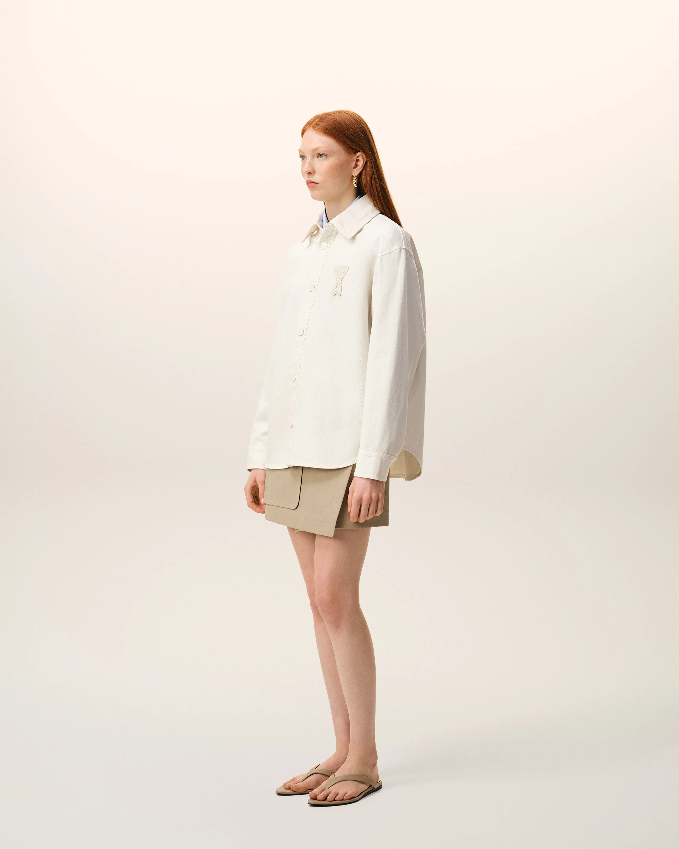 AMI PARIS de Coeur Cotton Twill Overshirt in White Cream