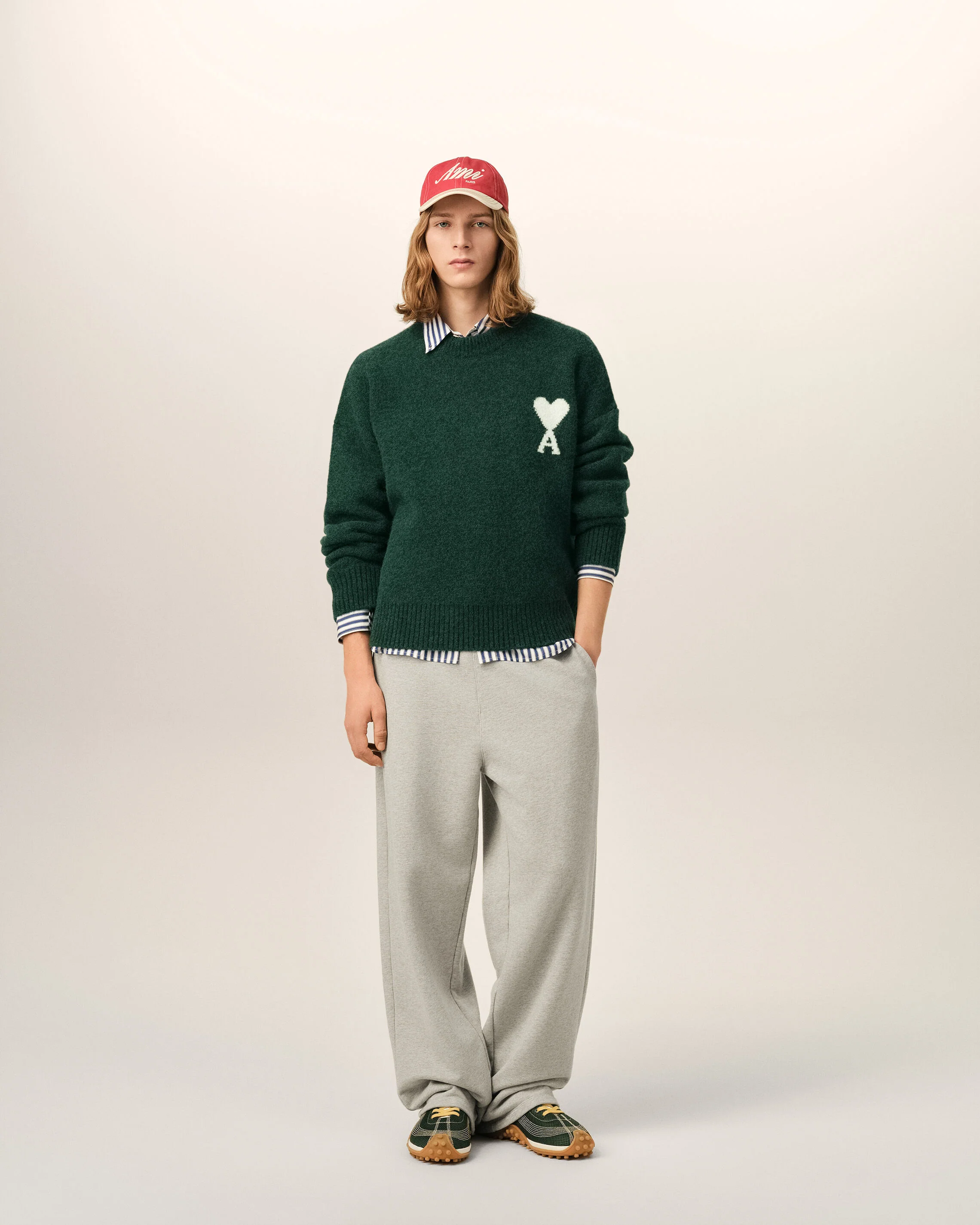 AMI PARIS de Coeur Heavy Knit Sweater in Bottle Green / Off White XXL