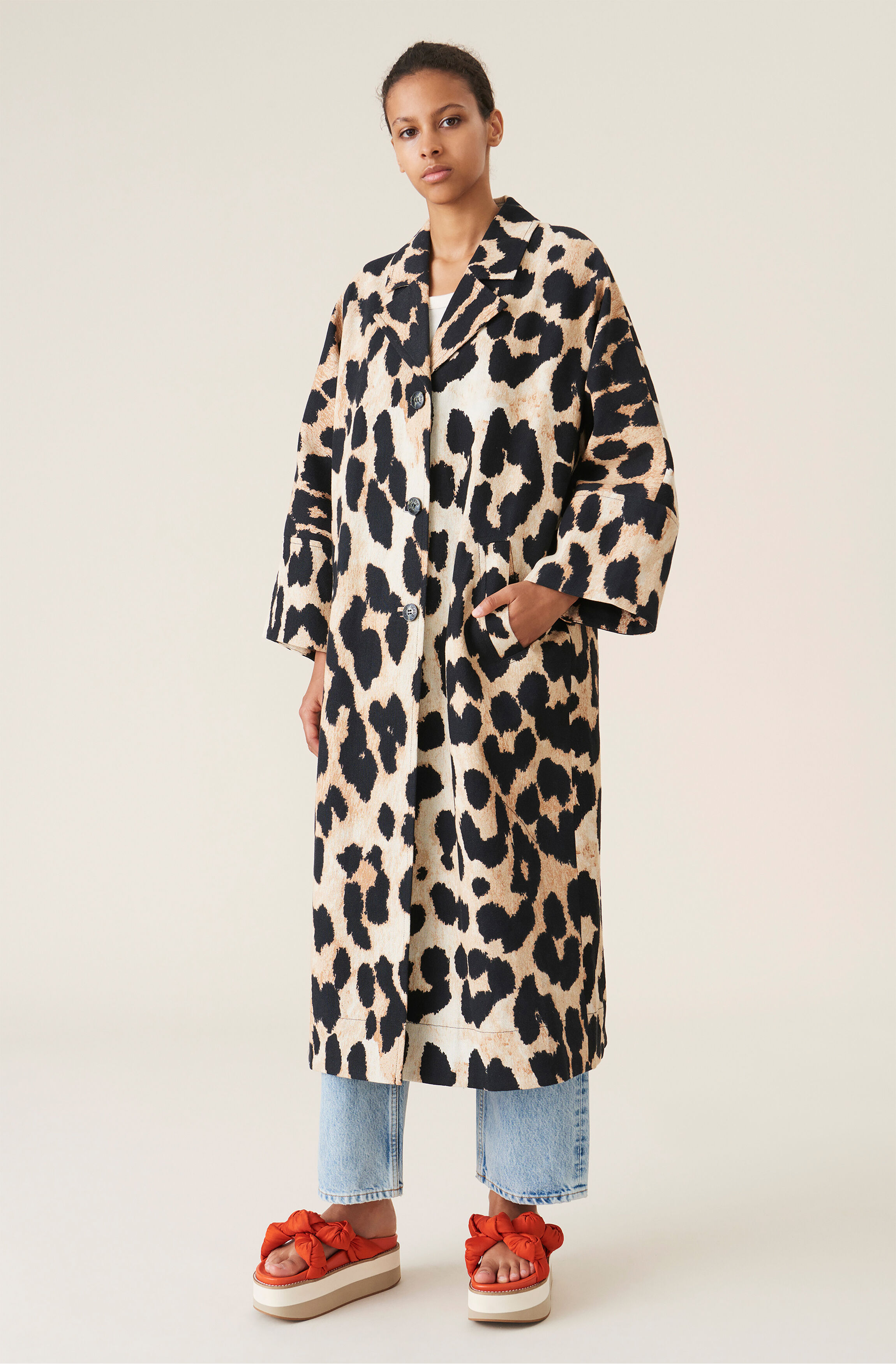 Ganni Linen Canvas Coat Maxi Leopard 38