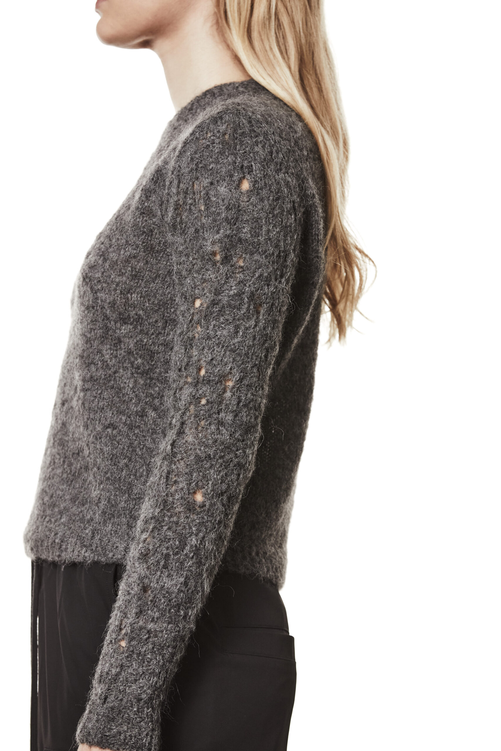 THOM KROM Distroyed Knit Pullover in Dark Grey Melange