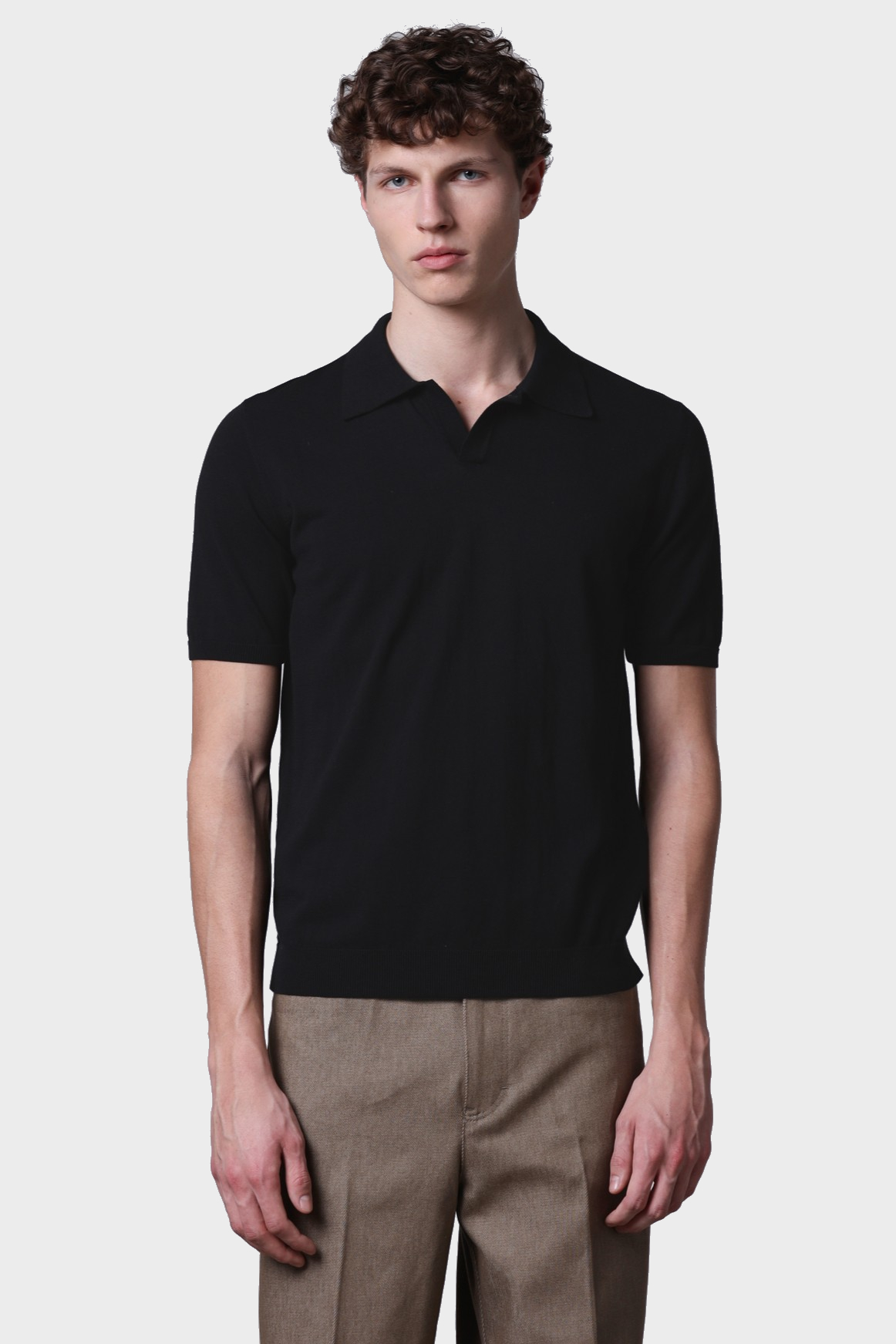 ROBERTO COLLINA Light Cotton Knit Polo Shirt in Black