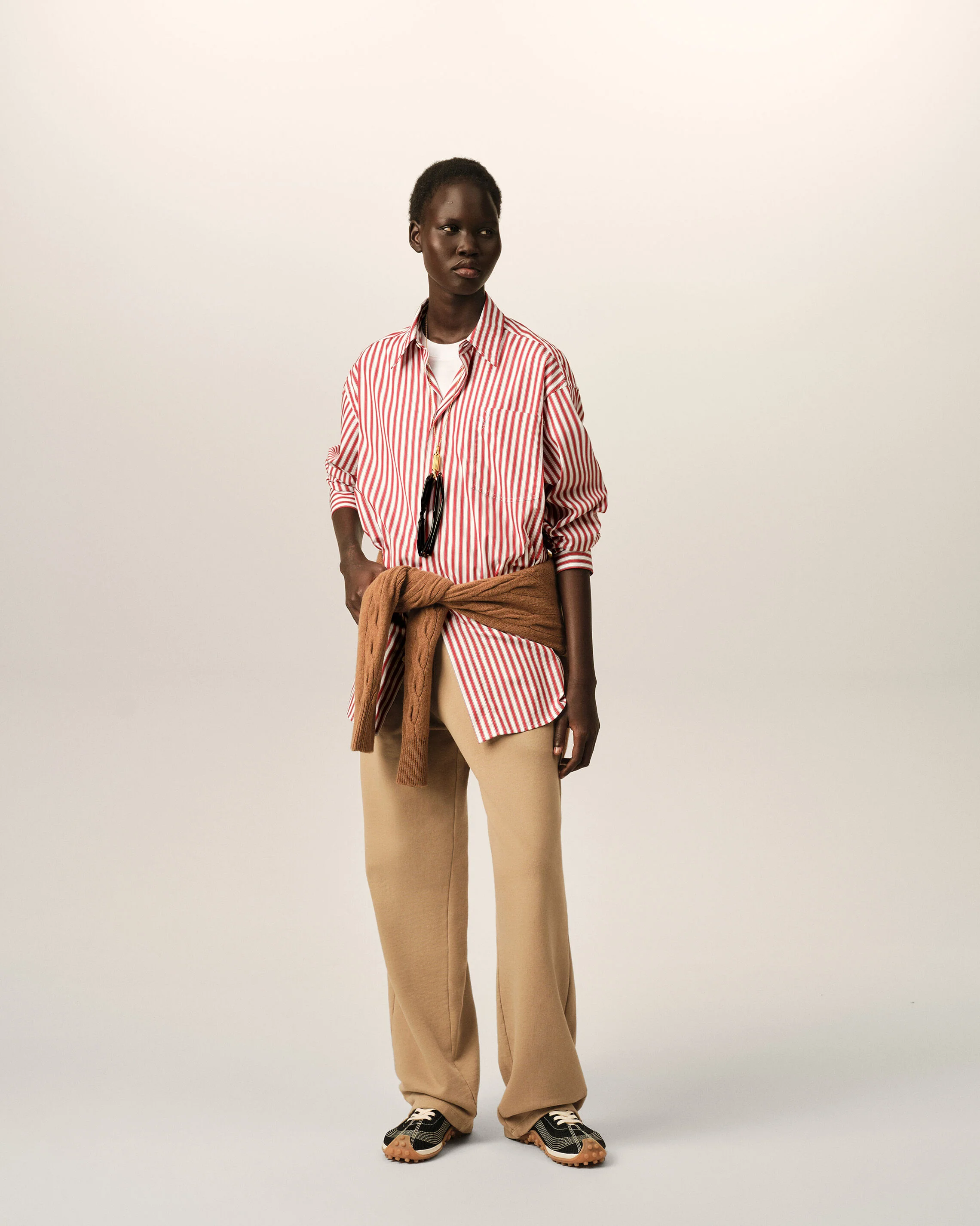AMI PARIS de Coeur Oversize Stripe Shirt in Ruby Red / White
