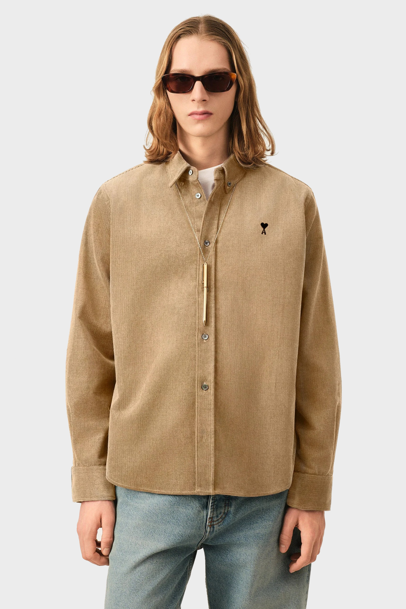 AMI PARIS de Coeur Corduroy Shirt in Mastic Beige