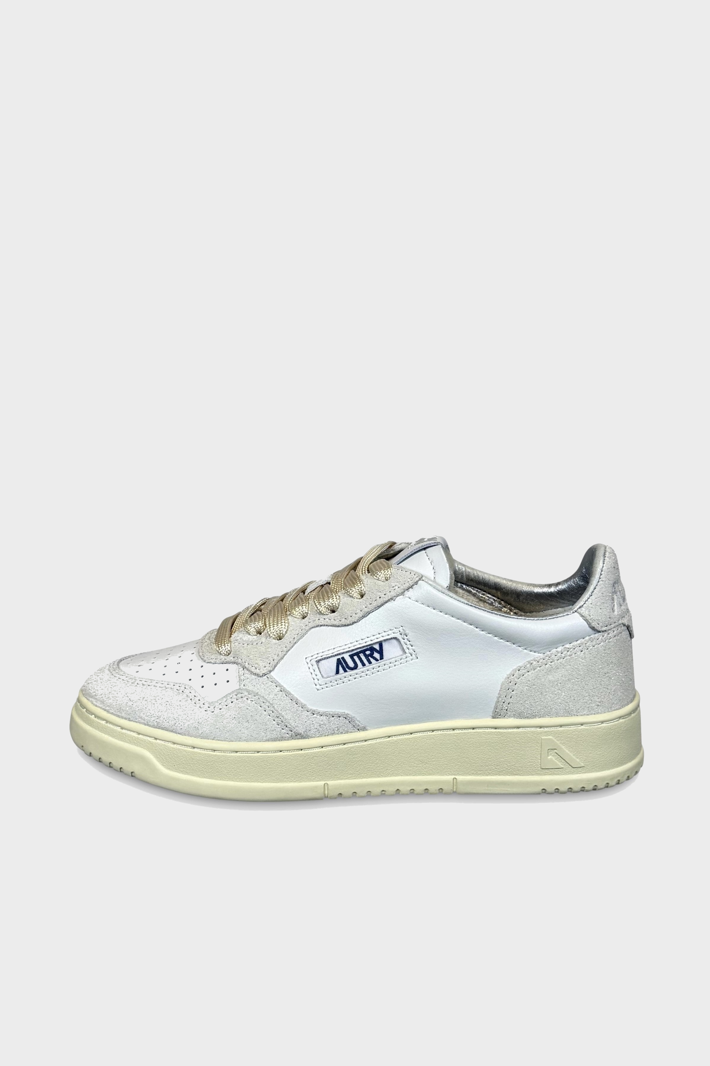 AUTRY ACTION SHOES Medalist Low Sneaker in White/Taupe/Glitter
