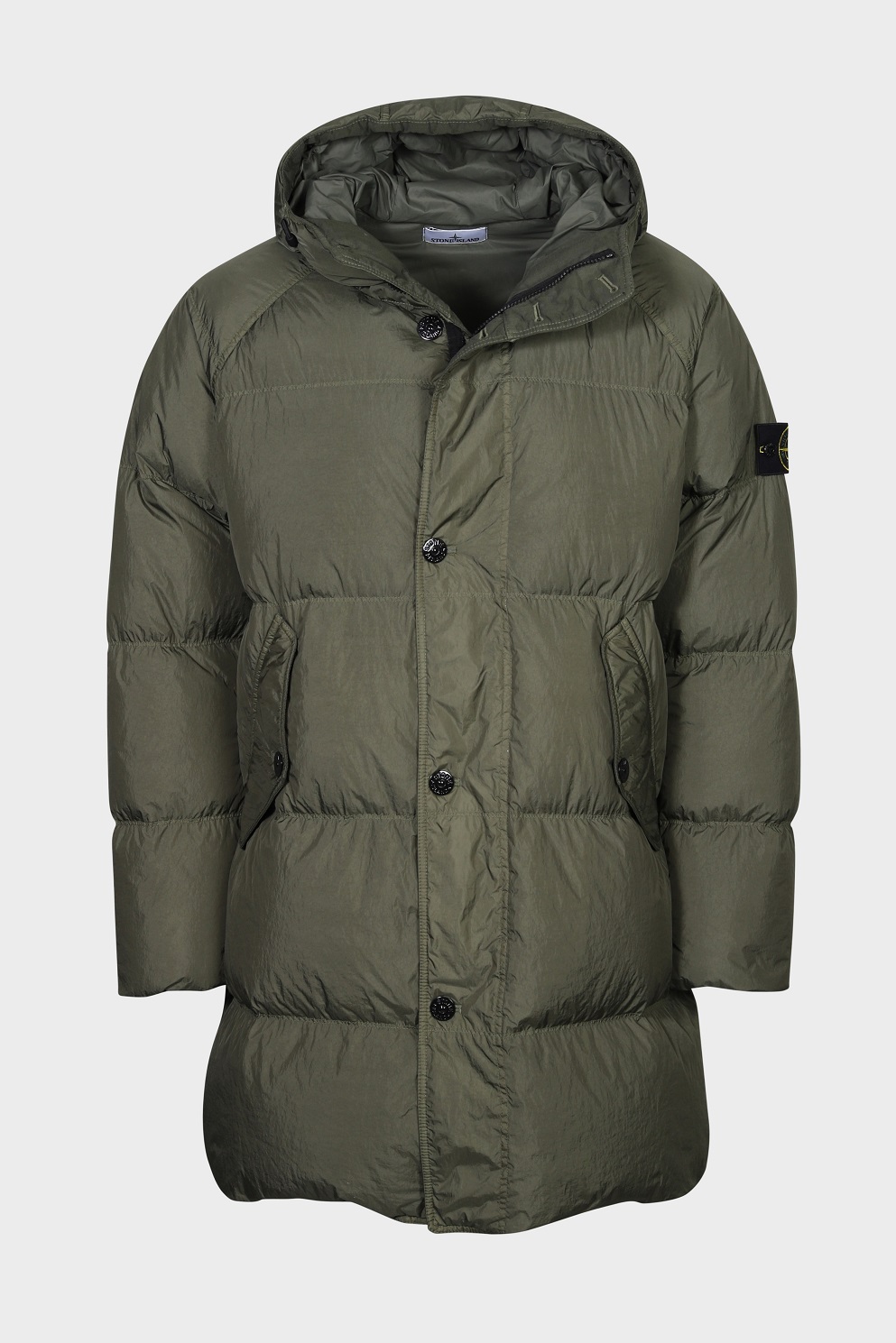 STONE ISLAND Garment Dyed Crinkle Reps Hooded Down Coat in Olive 3XL