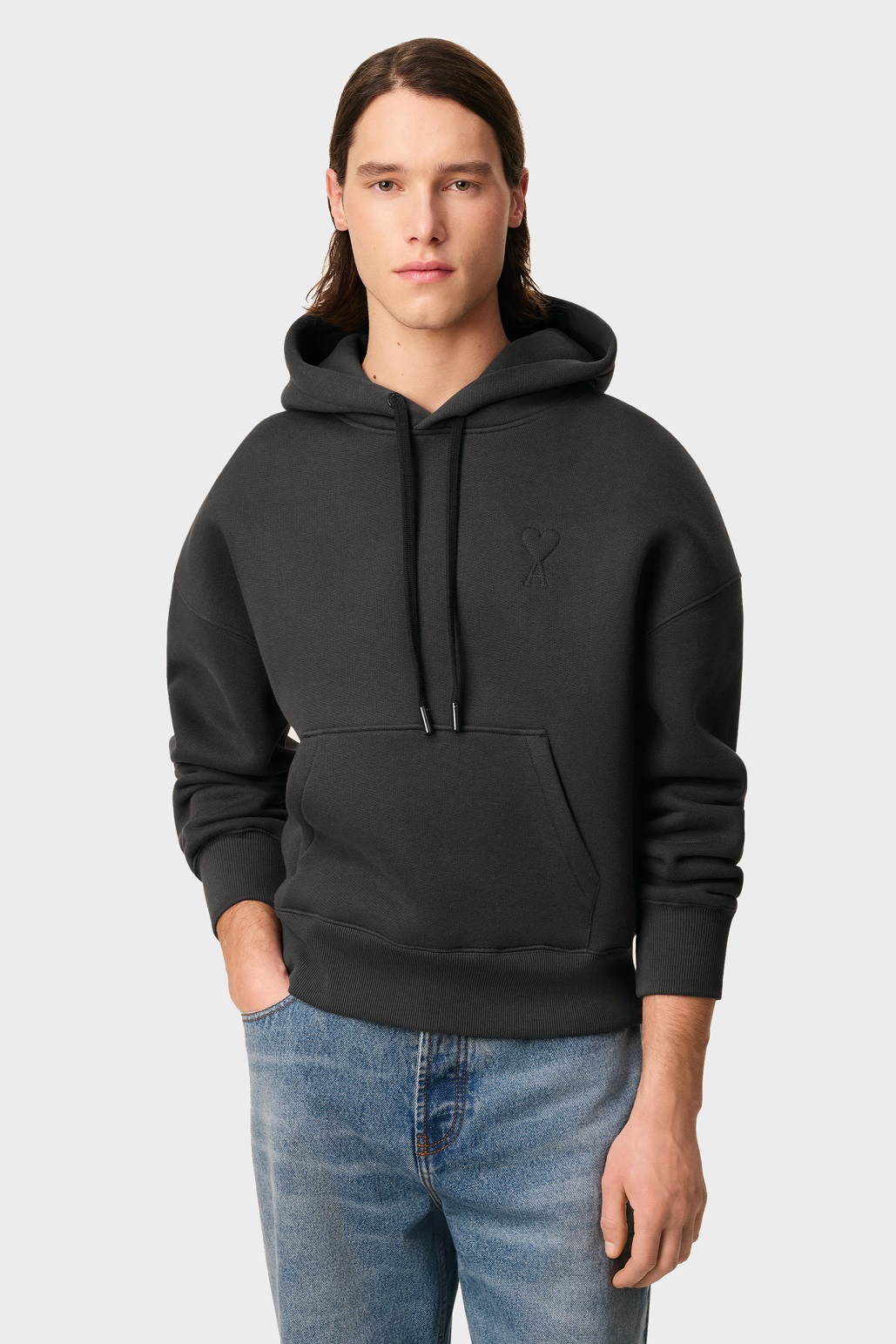 AMI PARIS de Coeur Embossed Hoodie in Anthracite