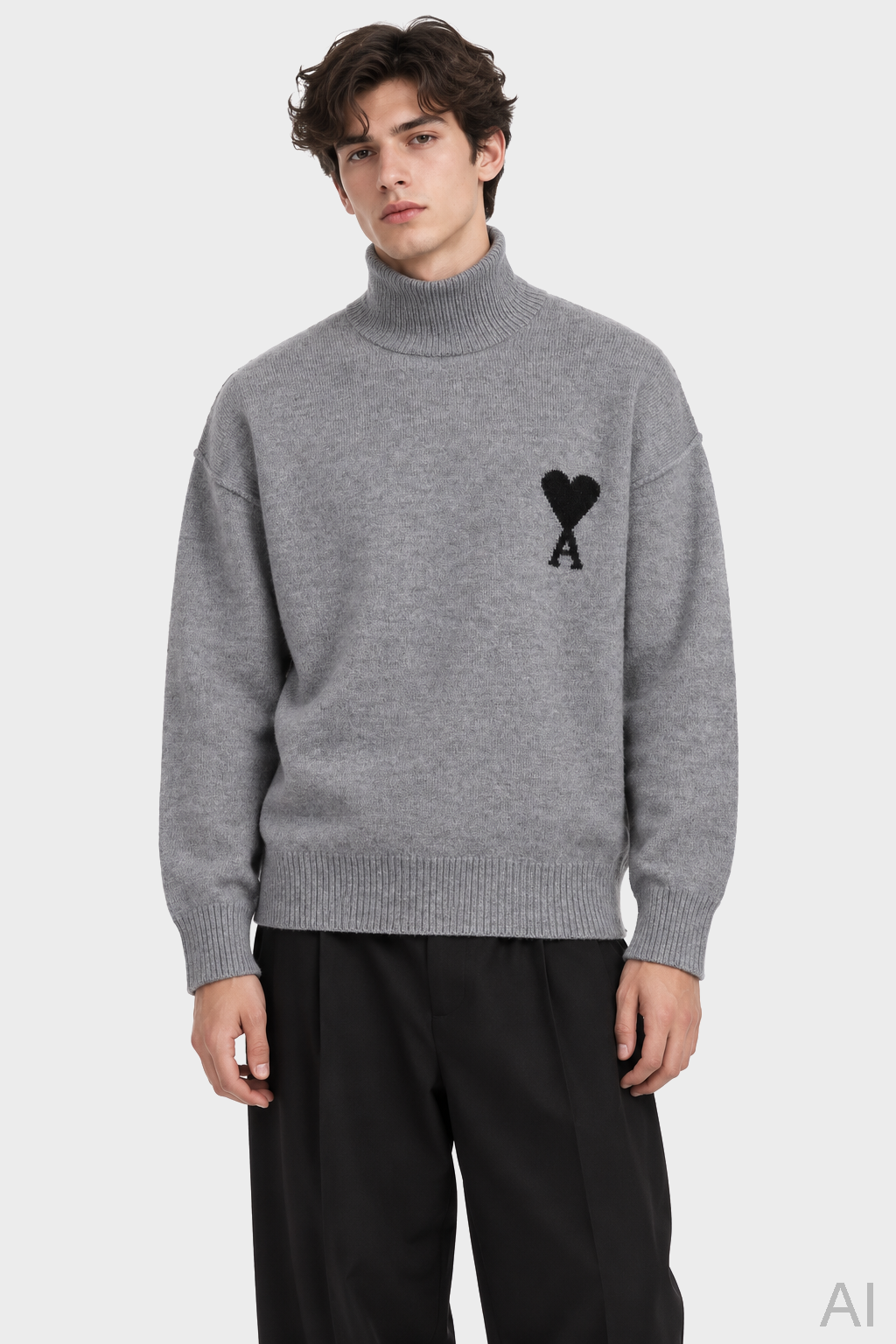AMI PARIS de Coeur Heavy Knit Turtle Neck Sweater in Heather Ash Grey / Black XXL