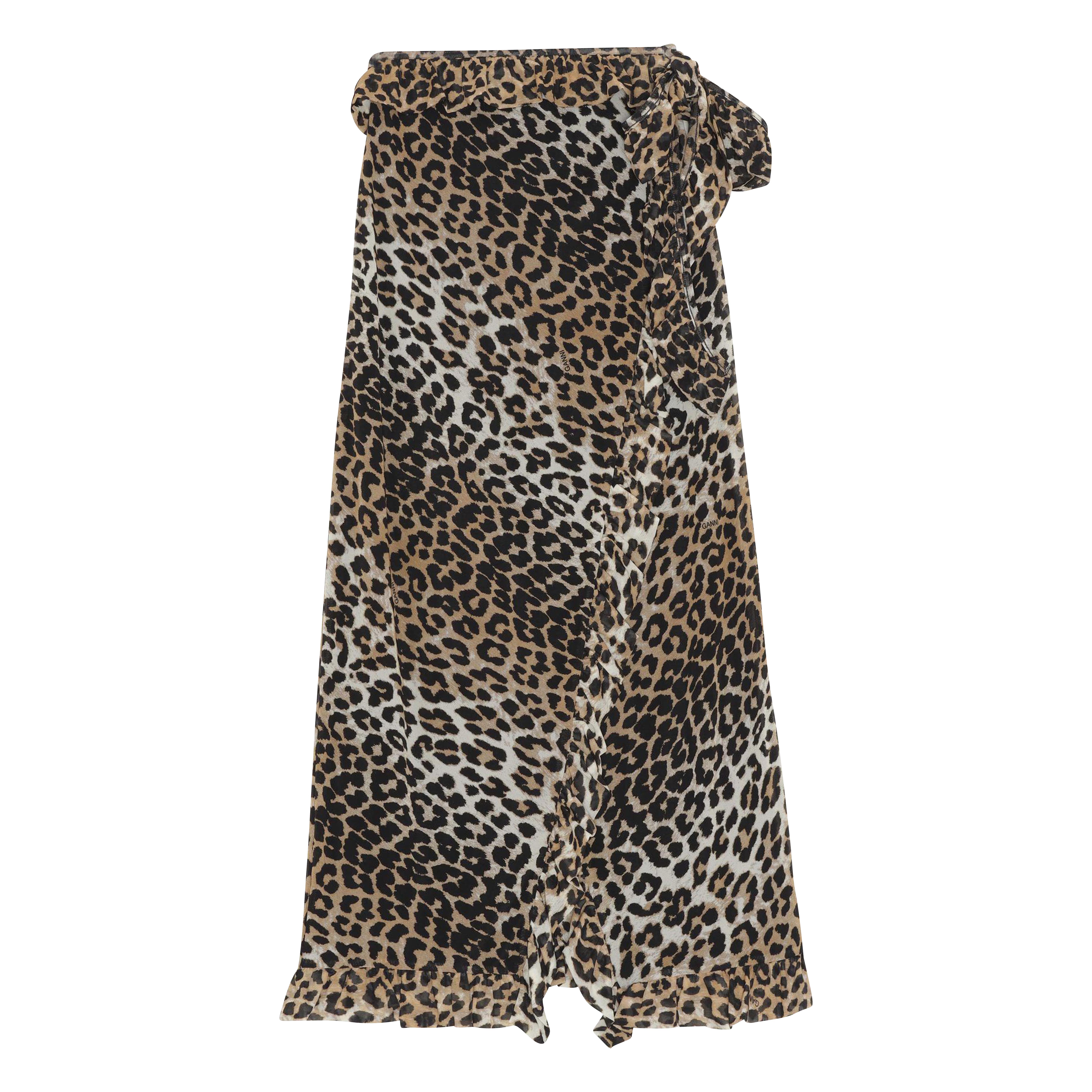Ganni Printed Mesh Ruffle Midi Wrap Skirt in Leopard