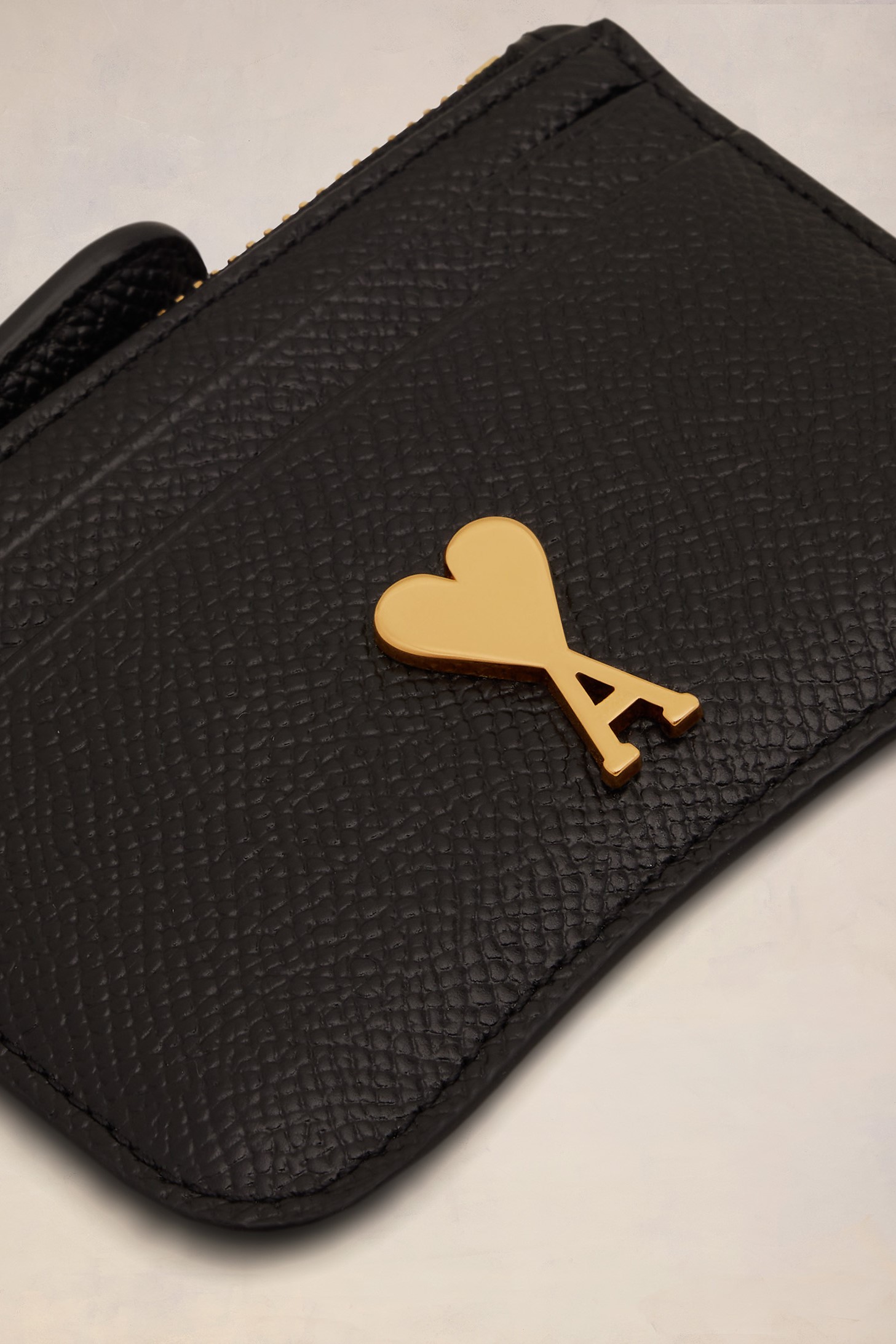 AMI PARIS Paris Zipped Card Holder in Black/Vibrated Brass