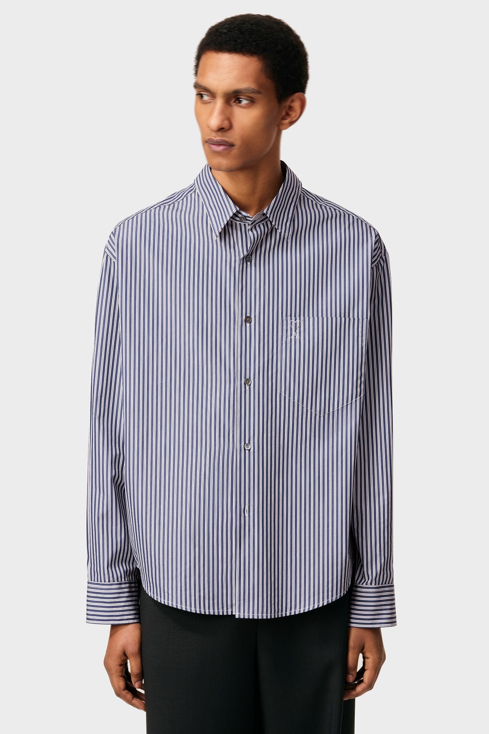 AMI PARIS de Coeur Embossed Boxy Fit Shirt in Royal Blue/White/Black Stripe