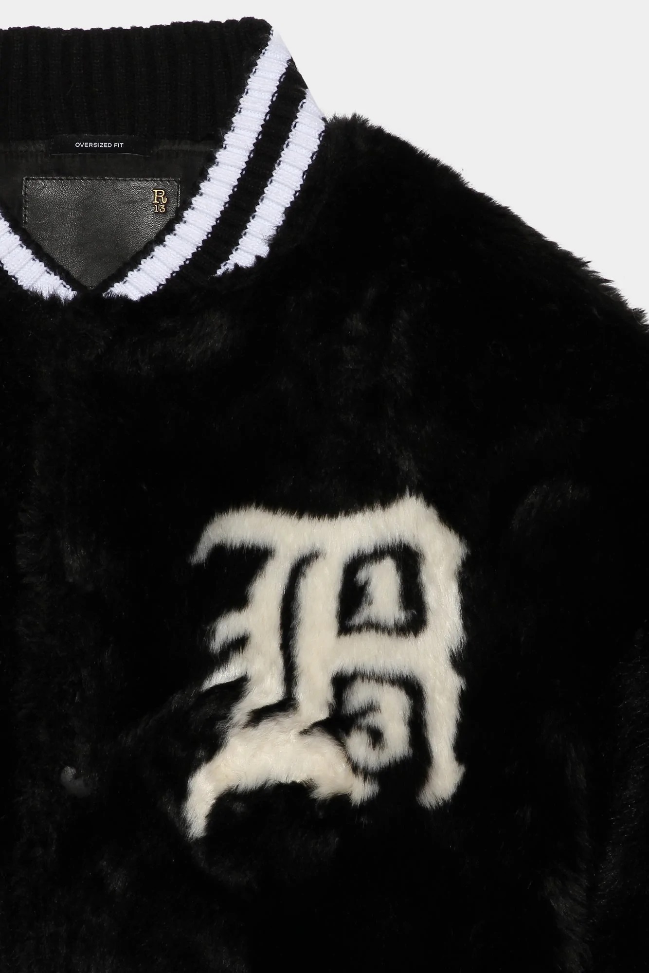 R13 Fake Fur College Bomber Jacket in Black/White