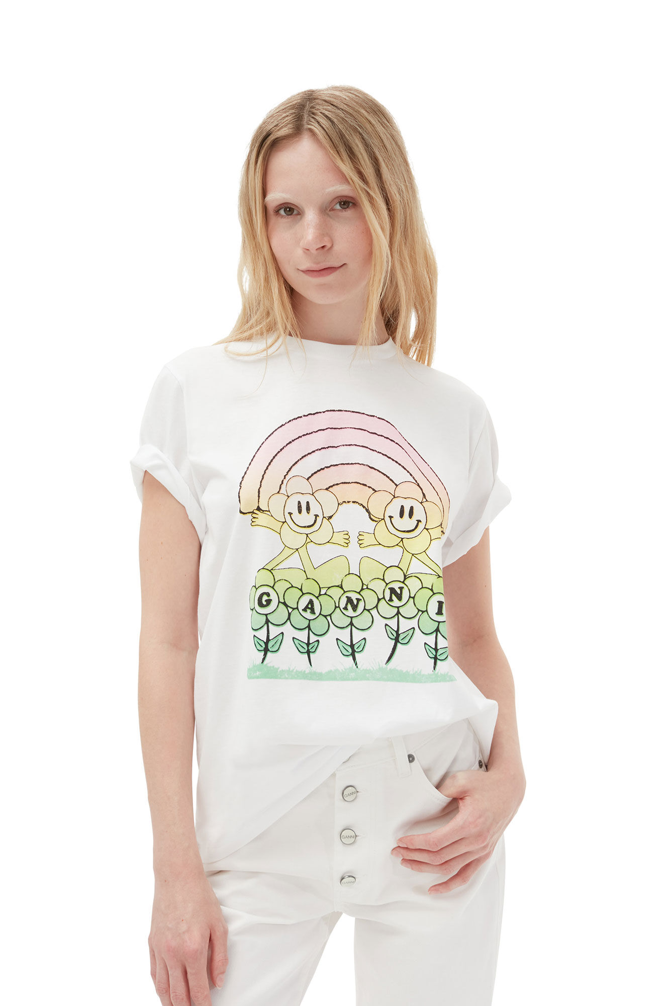 GANNI Jersey Rainbow Relaxed T-Shirt in White XS