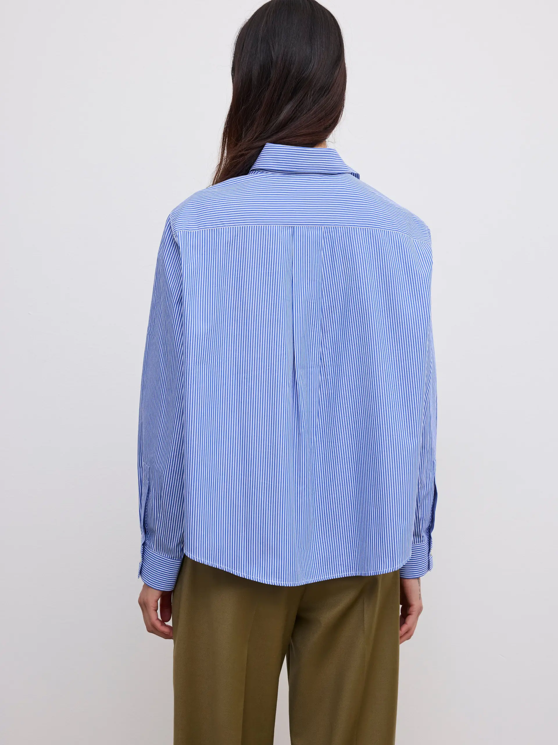 DAGMAR Asymmetric Cropped Shirt in Blue Stripe