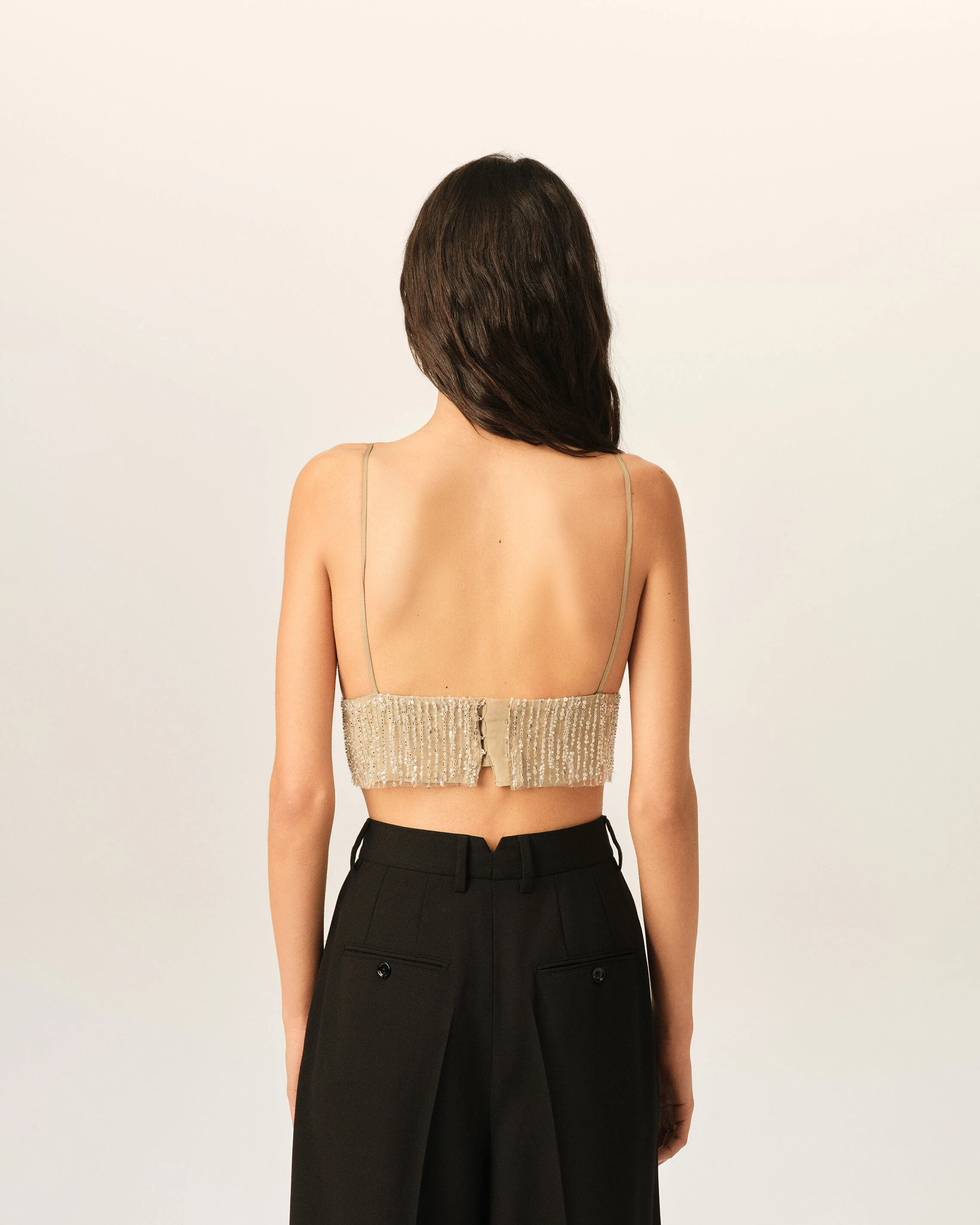 AMI PARIS Embroidered Cropped Top with Sequins in Mastic Beige