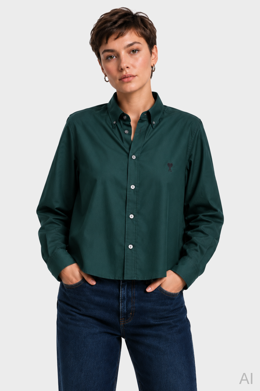 AMI PARIS de Coeur Cropped Oxford Shirt in Bottle Green