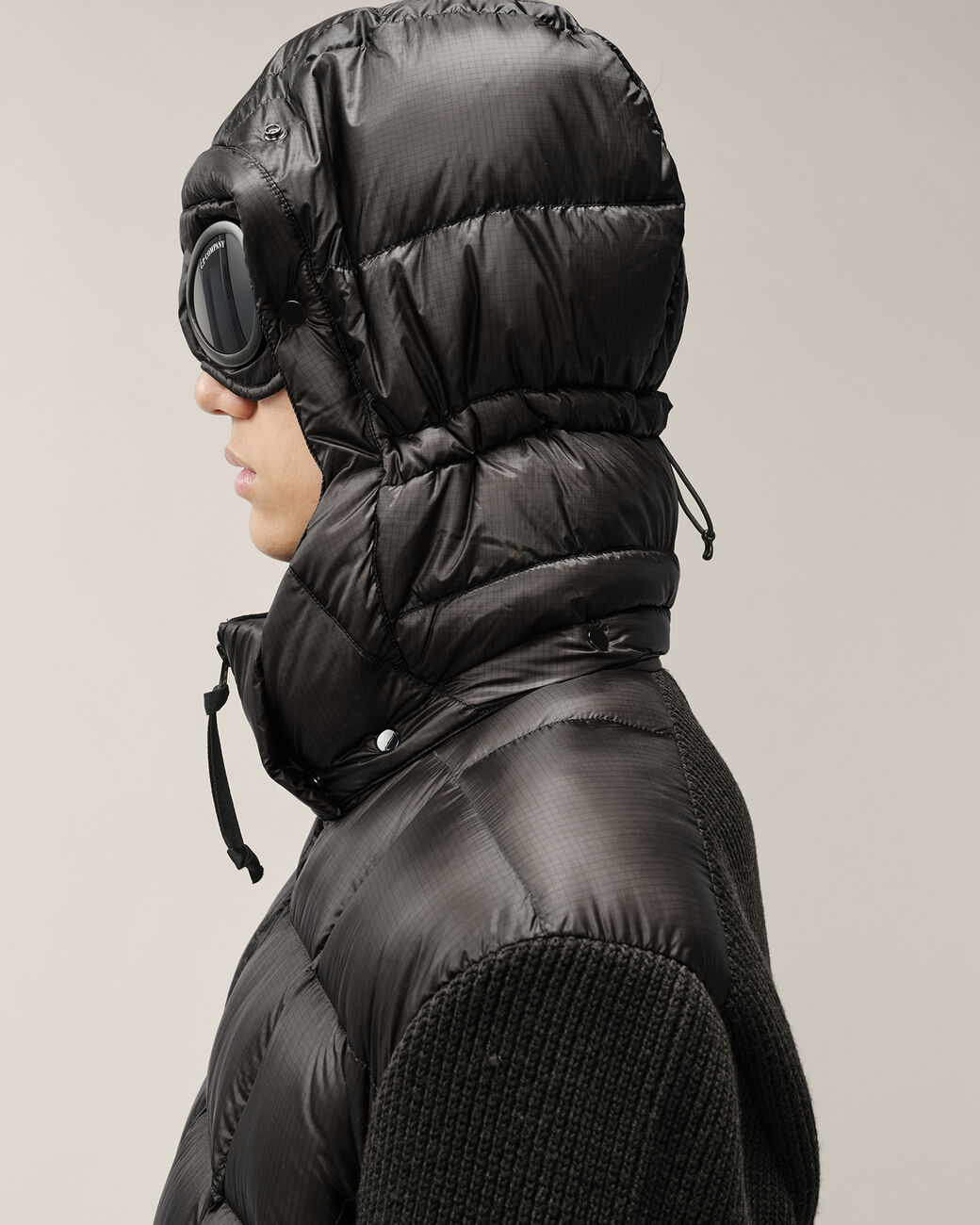 C.P. COMPANY Merino Wool Mixed D.D. Shell Down Jacket in Black