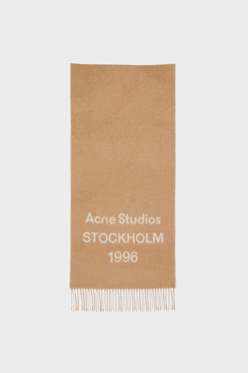 ACNE STUDIOS Logo Jacquard Pattern Scarf in Camel/Ecru ACNE STUDIOS Logo Jacquard Pattern Scarf in Camel/Ecru