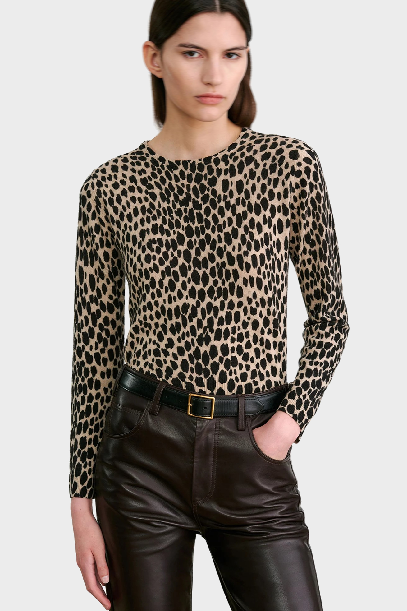 NILI LOTAN Printed Cashmere Sweater in Taupe/Black Cheetah NILI LOTAN Printed Cashmere Sweater in Taupe/Black Cheetah