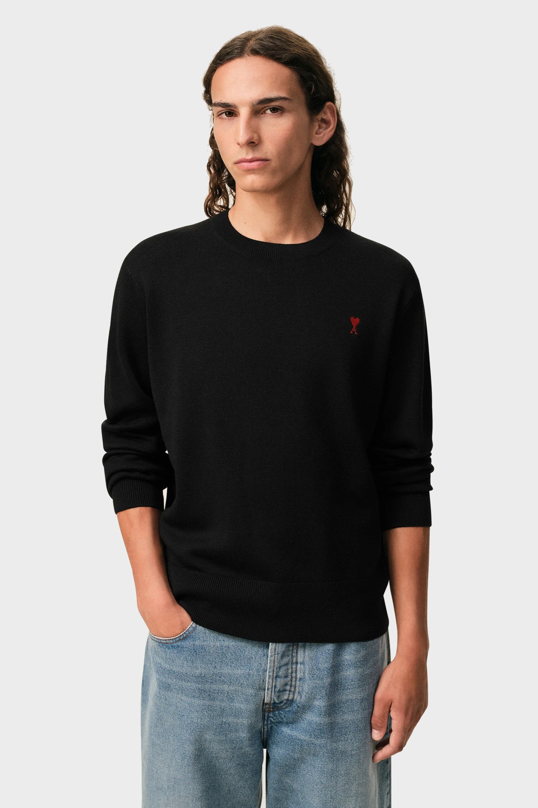 AMI PARIS de Coeur Merino Knit Pullover in Black / Red Logo