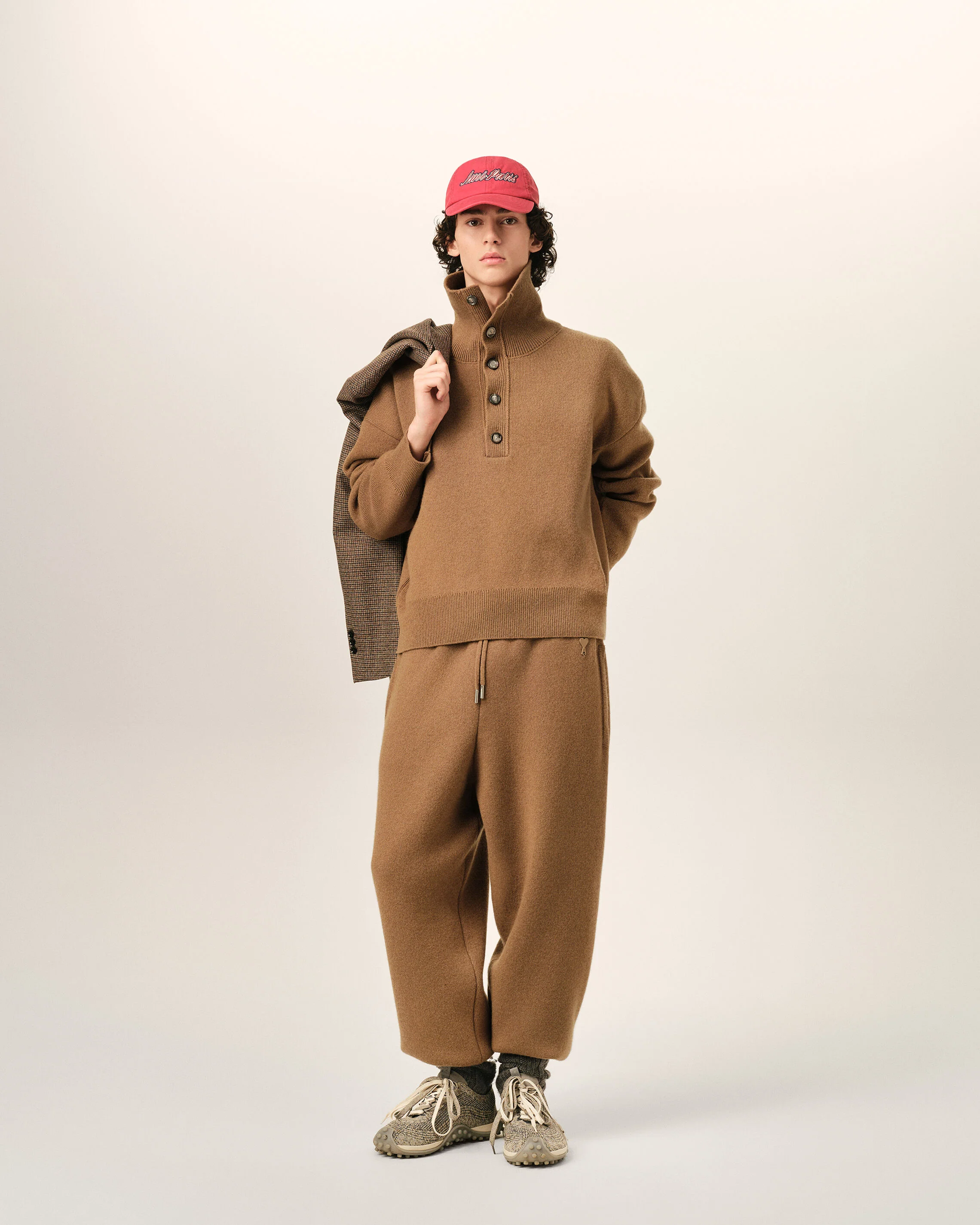 AMI PARIS High Buttoned Collar Heavy Knit Sweater in Camel