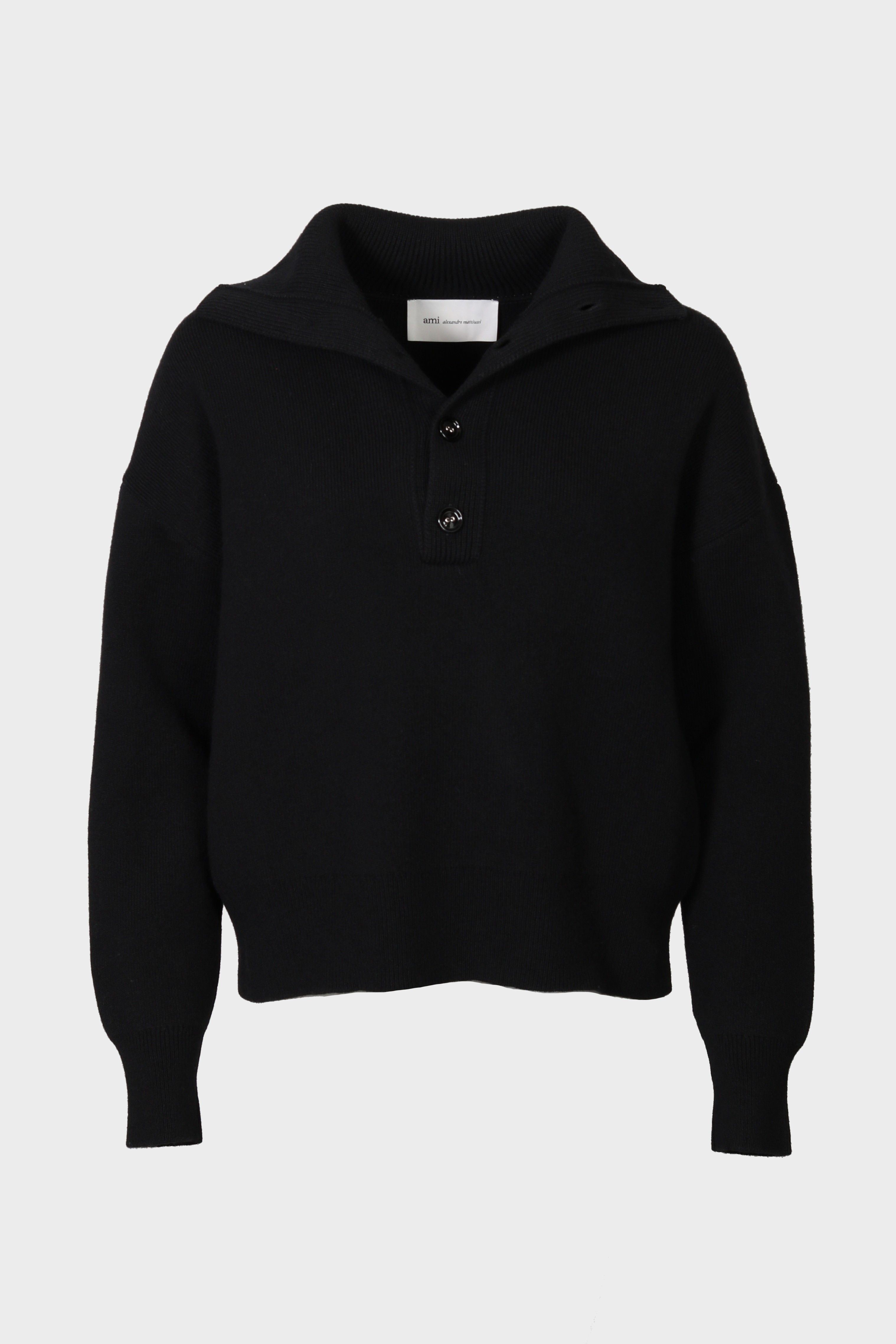 AMI PARIS High Buttoned Collar Heavy Knit Sweater in Black