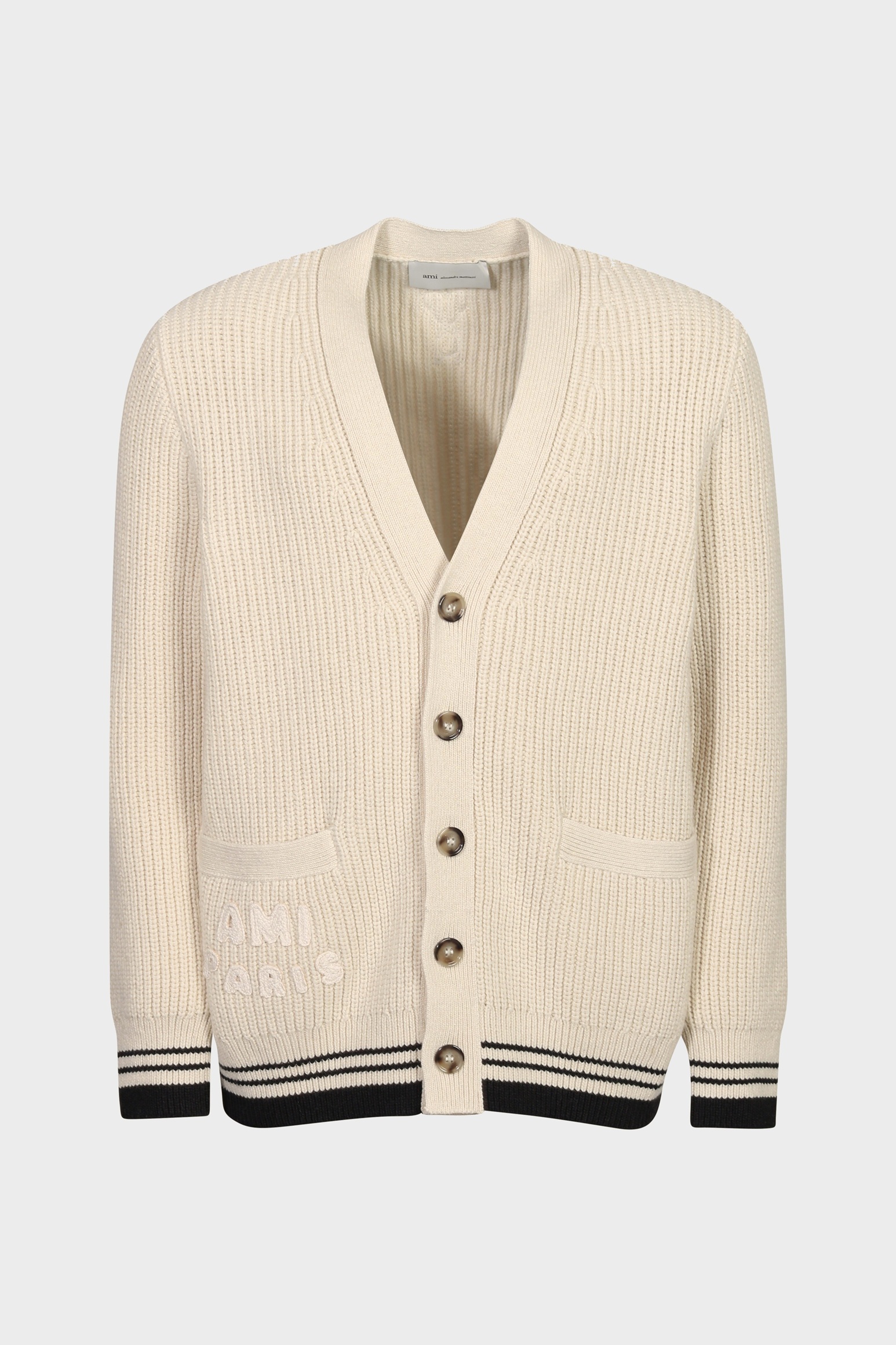 AMI PARIS de Coeur College Knit Cardigan in White Cream