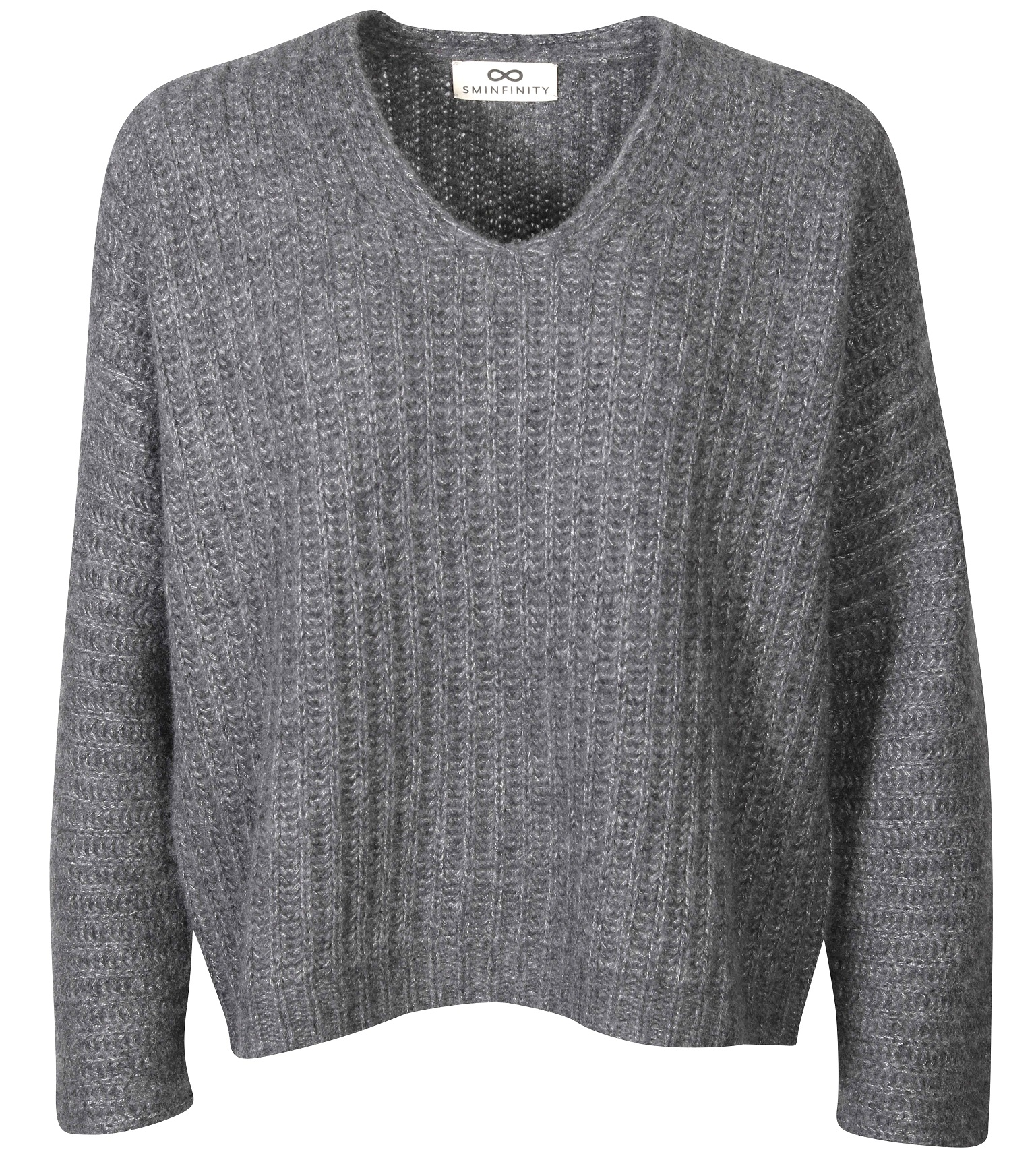 SMINFINITY Fluffy V-Neck Knit Pullover in Dark Grey Melange