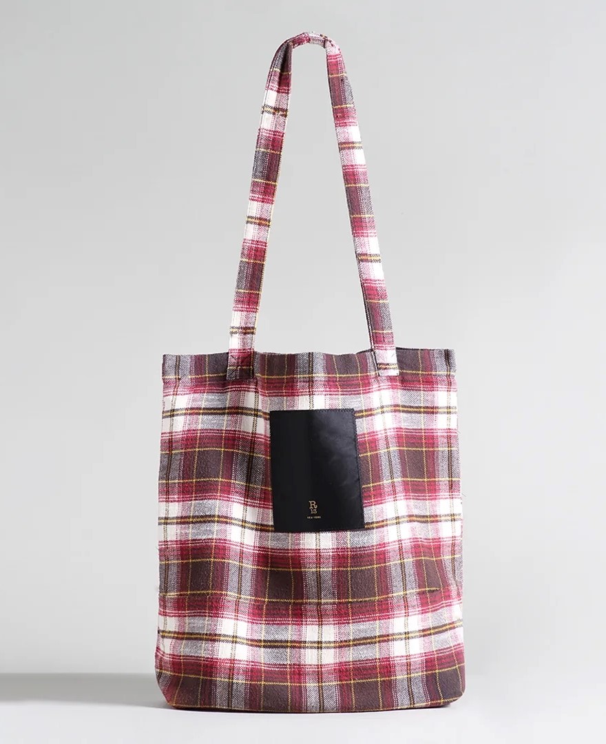 R13 Plaid Medium Tote Ecru/Maroon