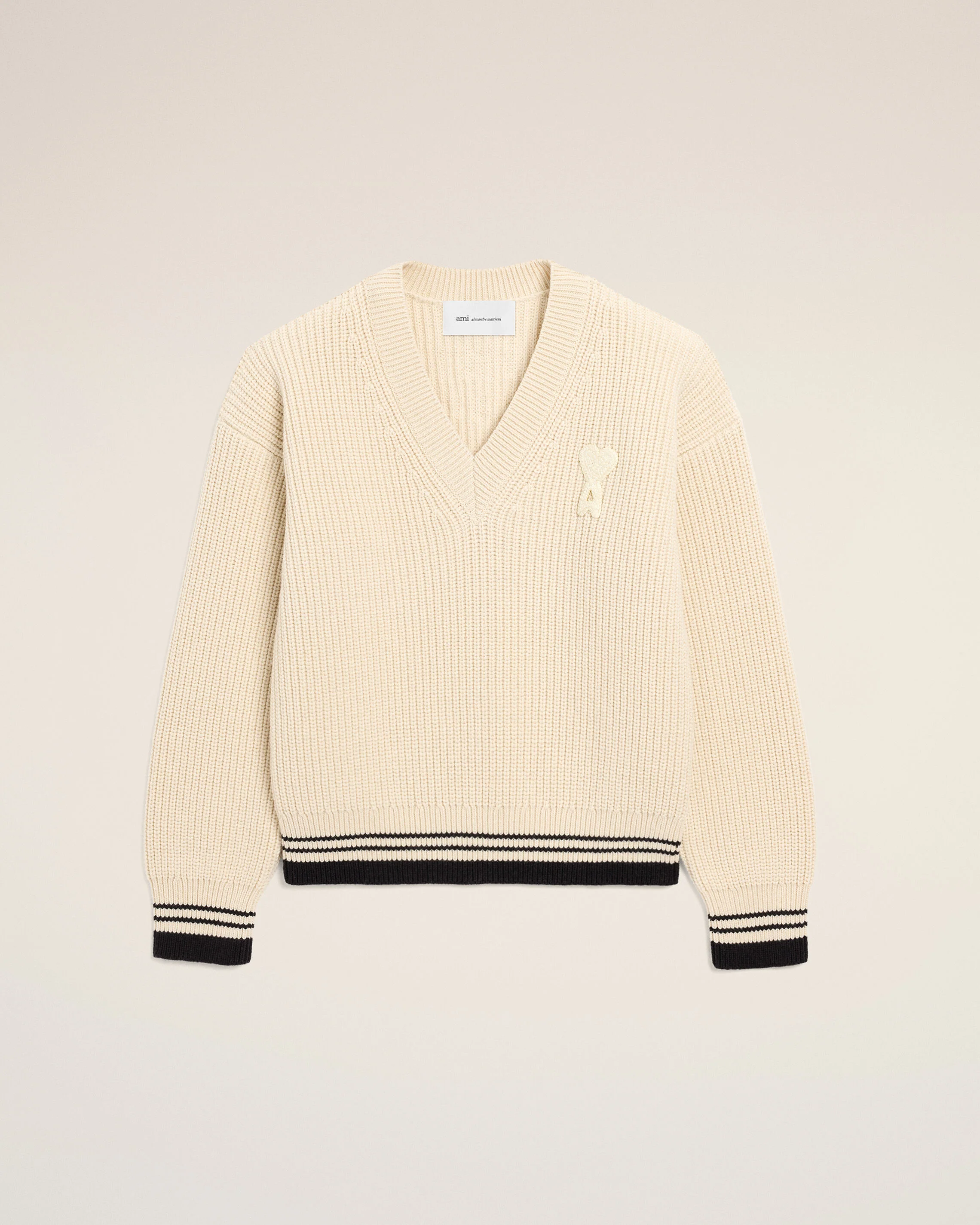 AMI PARIS de Coeur College Knit Pullover in White Cream