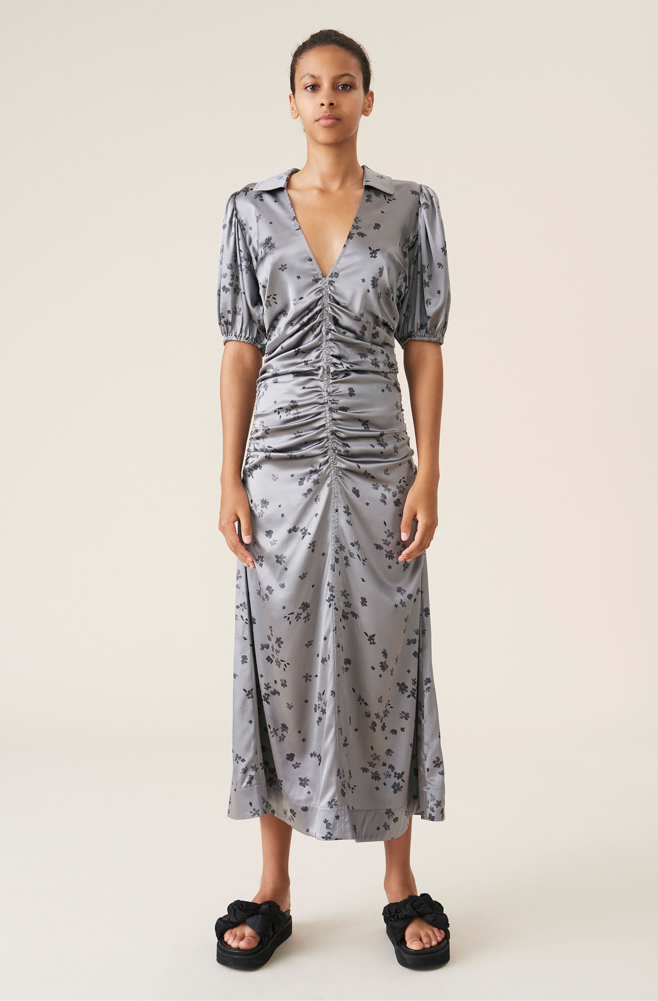Ganni Silk Stretch Satin Dress Grey Printed