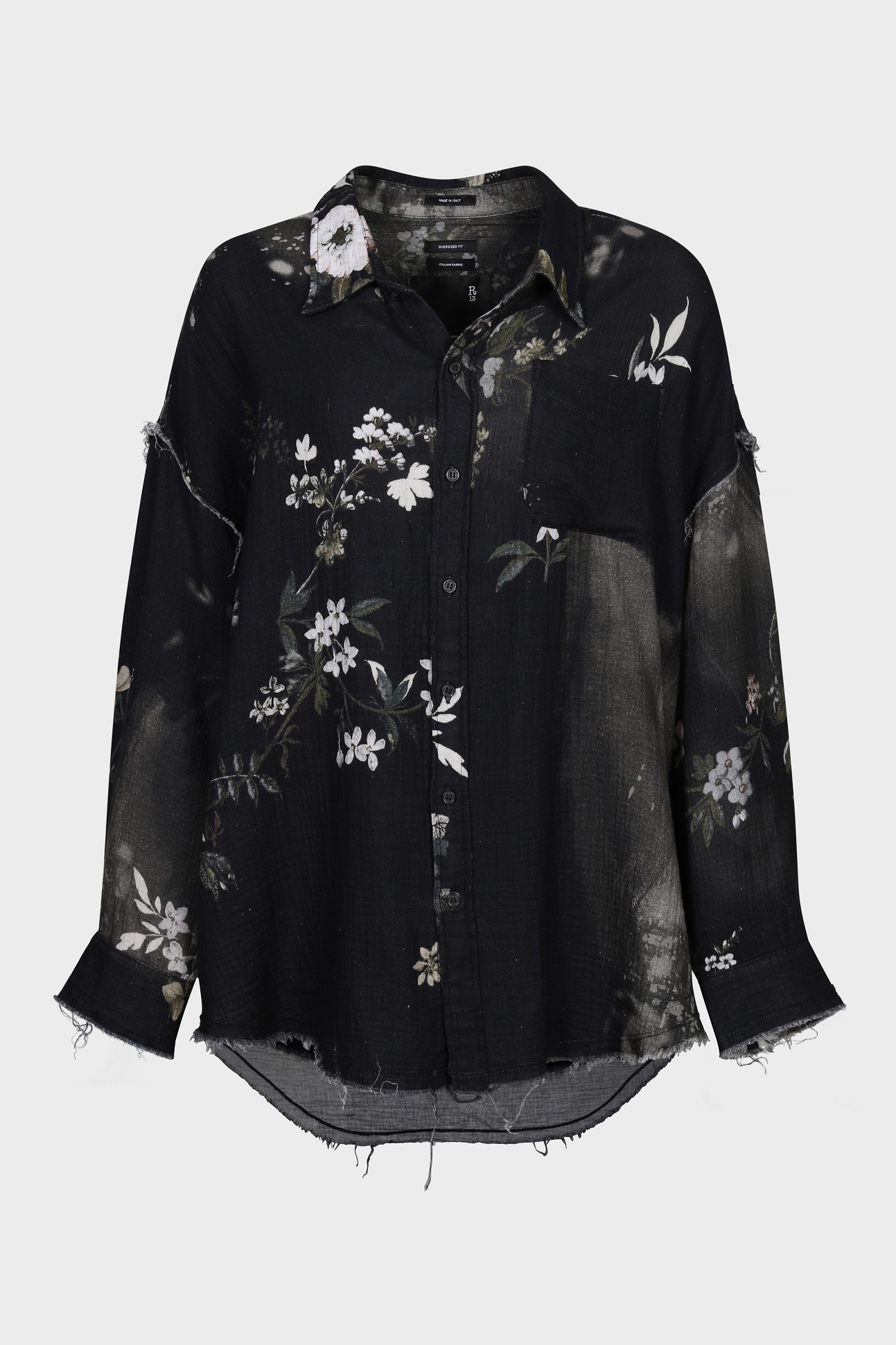 R13 Shredded Seam Drop Neck Shirt in Black Bleached Floral M