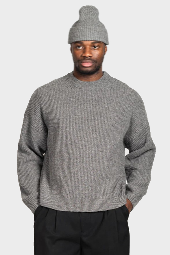 YACAIA Ribbed Wool/Cashmere Sweater in Grey Melange
