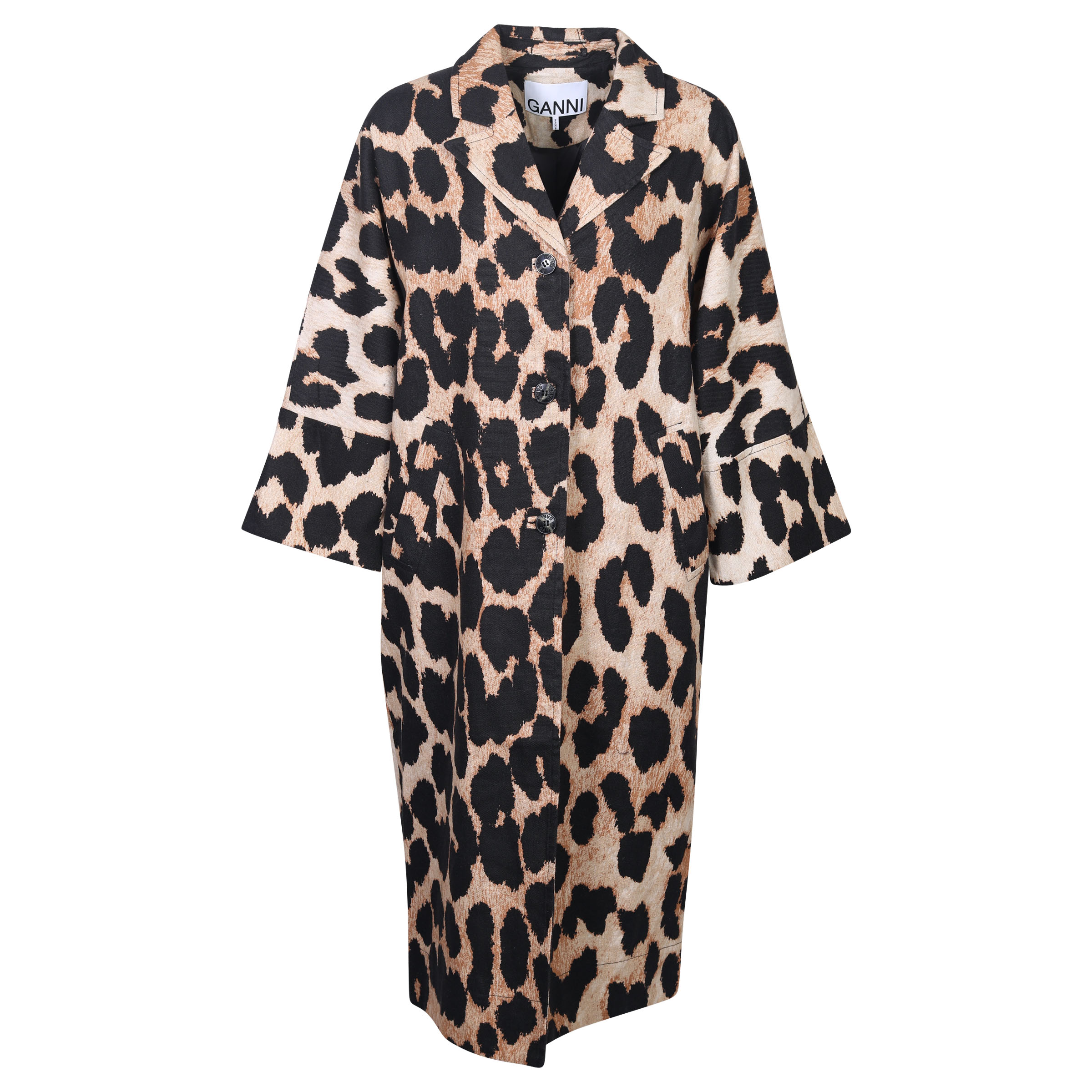 Ganni Linen Canvas Coat Maxi Leopard