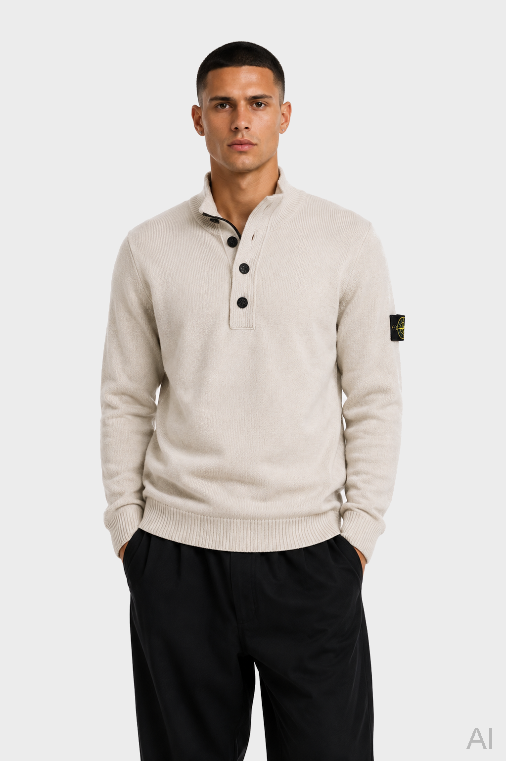 STONE ISLAND Heavy Knit Half Zip Pullover in Stone XXL