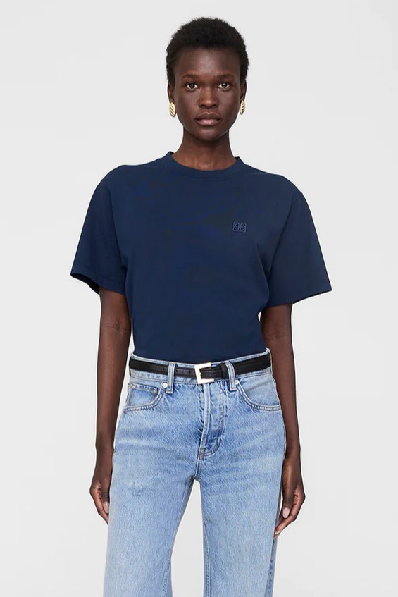 ANINE BING Lili Framed Monogram T-Shirt in Washe Navy