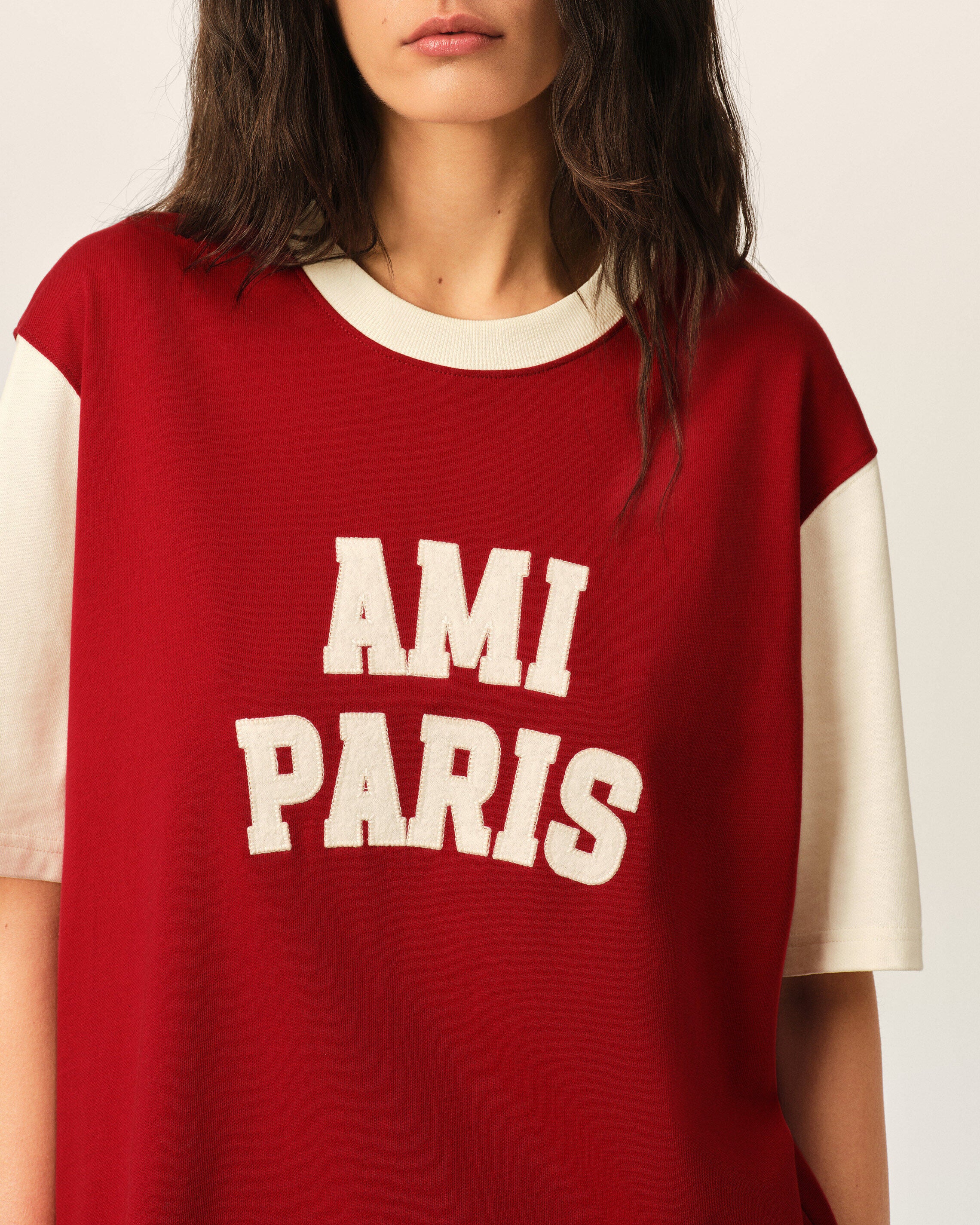 AMI PARIS Varsity T-Shirt in Ruby Red / Ivory