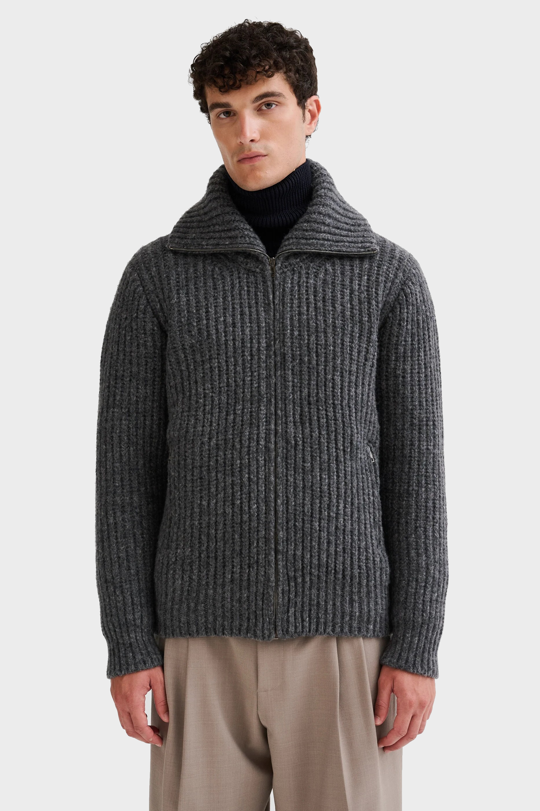 ROBERTO COLLINA Knit Zip Cardigan in Grey Melange