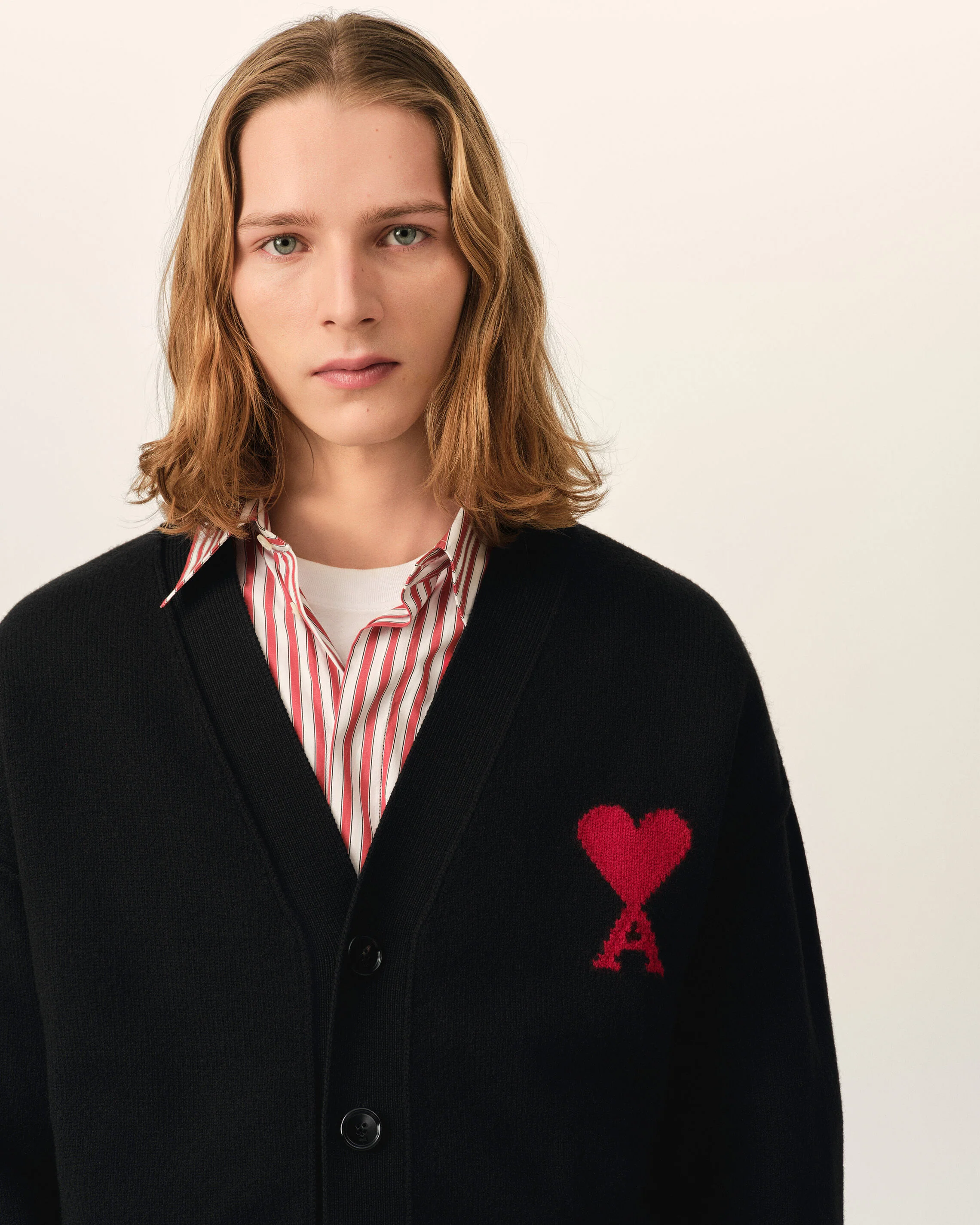 AMI PARIS de Coeur Heavy Knit Cardigan in Black / Red