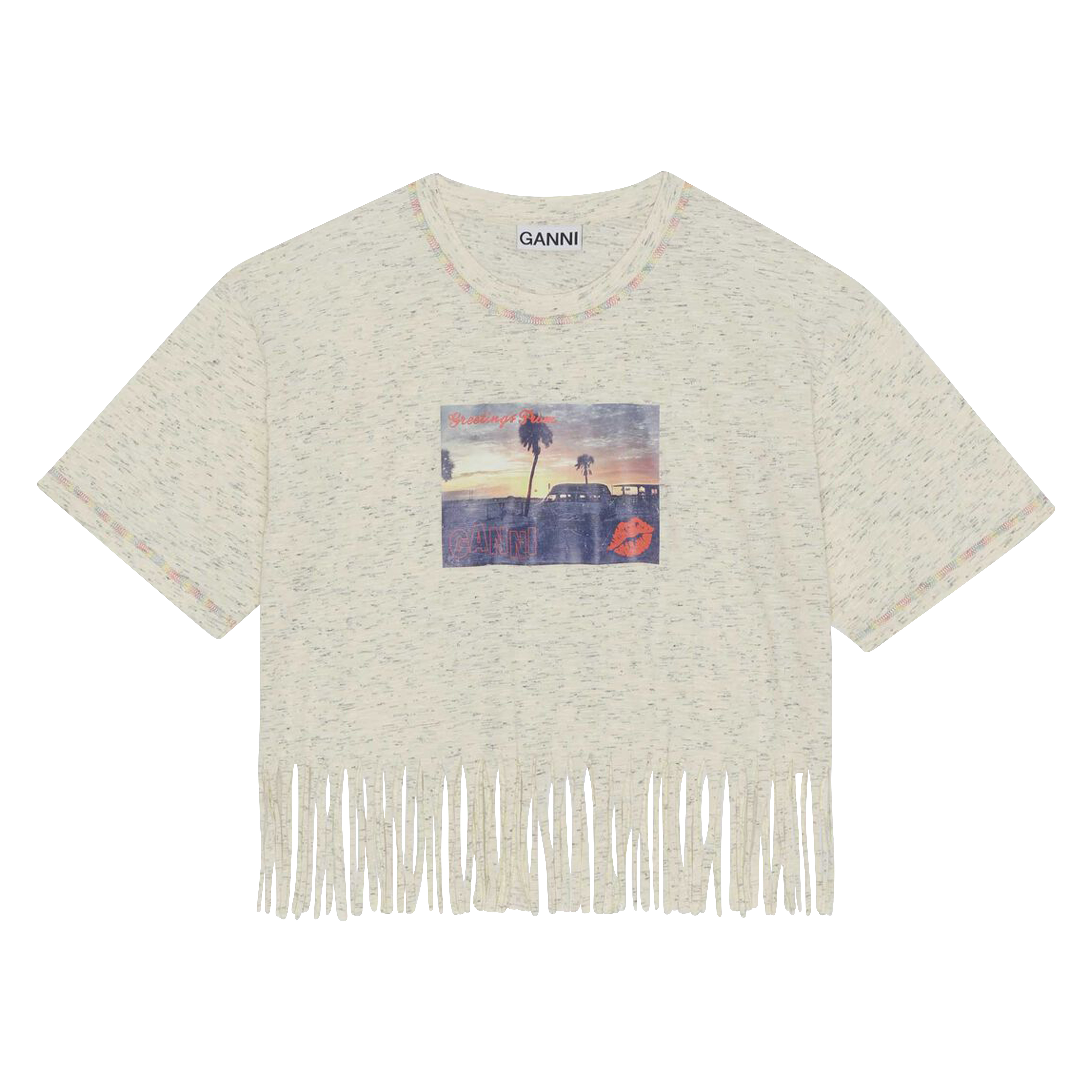 Ganni Melange Cotton Jersey Fringe T-Shirt in Egret S