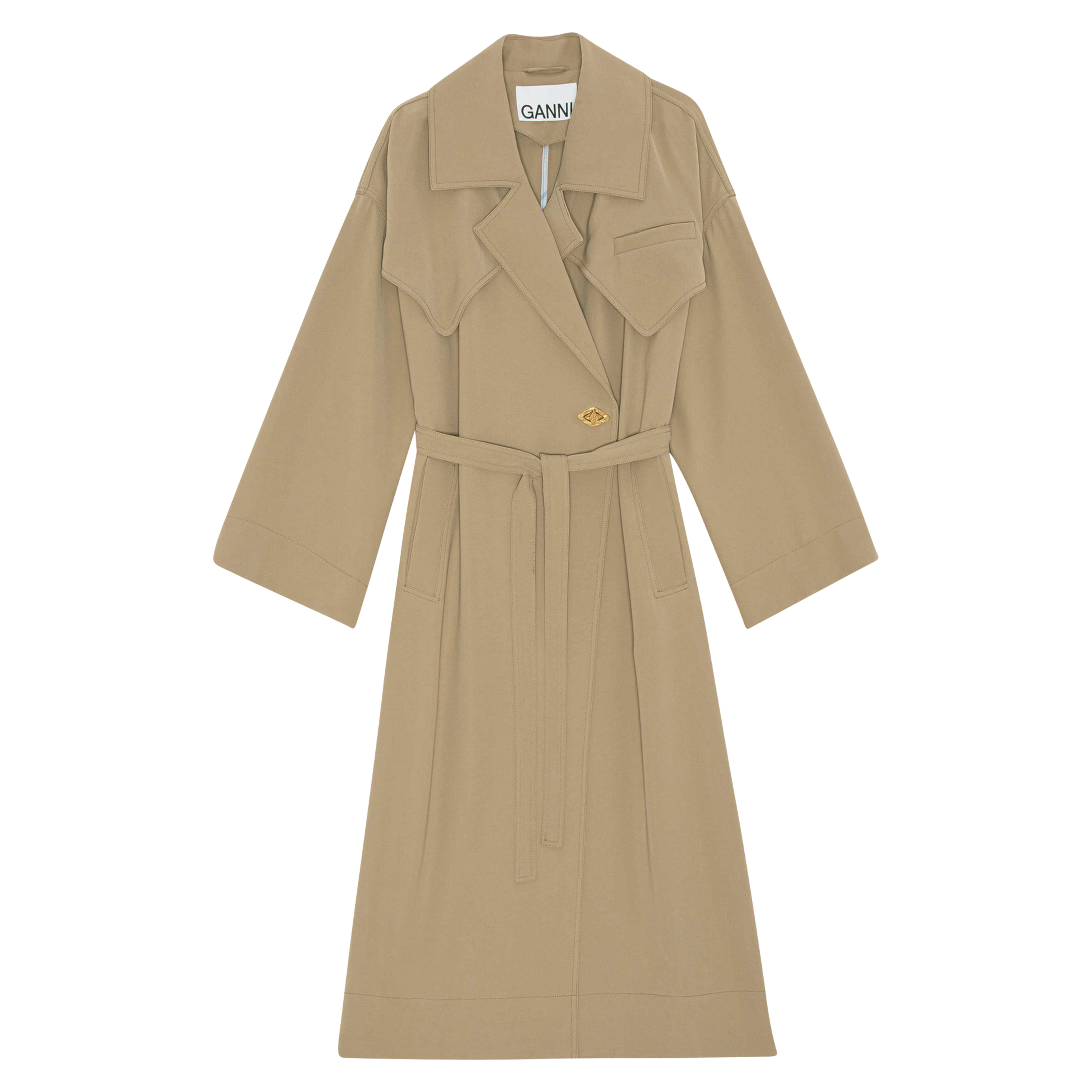 Ganni Drapey Twill Oversized Trench Coat in Petrified Oak XXS/XS