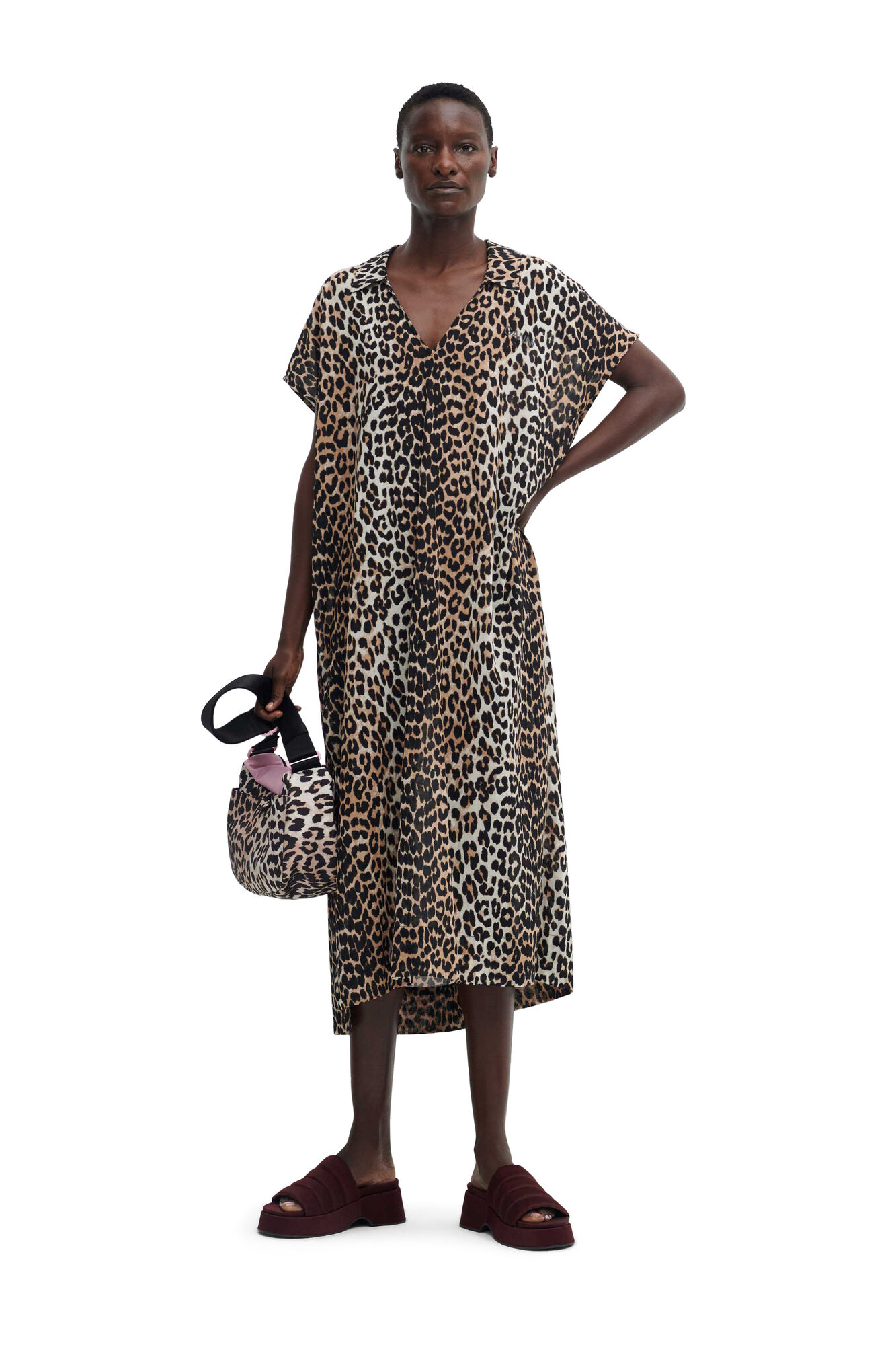 Ganni Light Cotton Kaftan Dress in Leopard XXS/XS