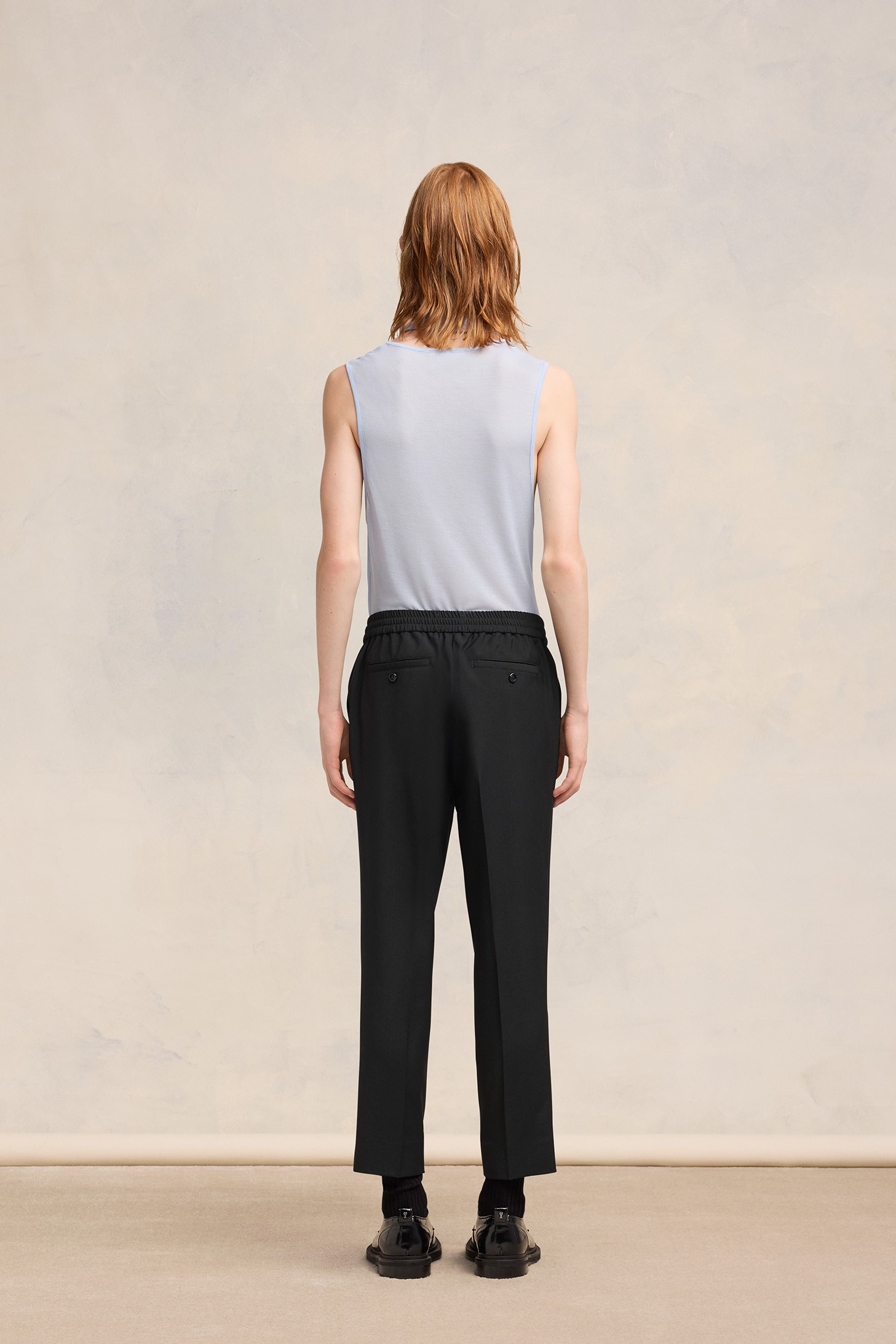 AMI PARIS Elasticated Waist Cropped Wool Trouser in Black XL