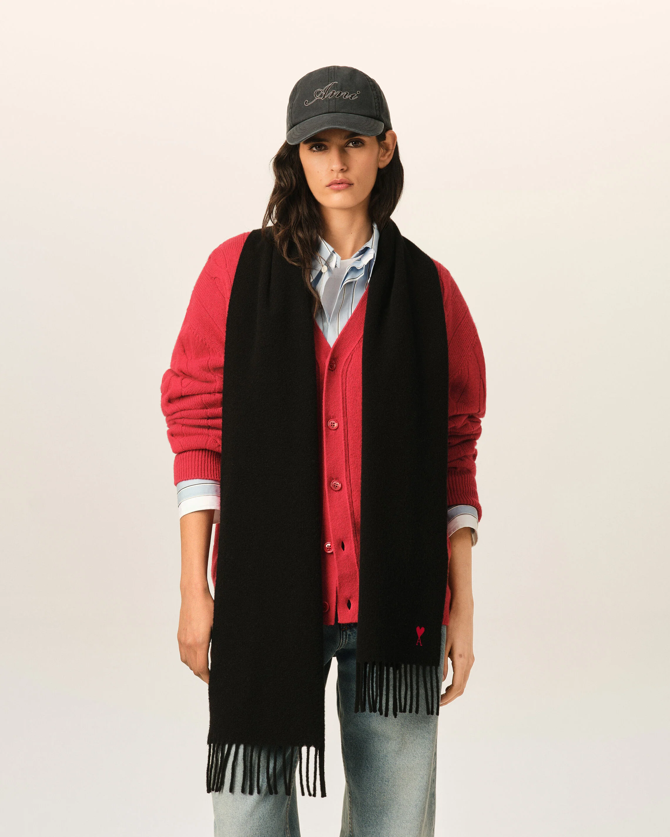 AMI PARIS de Coeur Wool Scarf in Black / Red