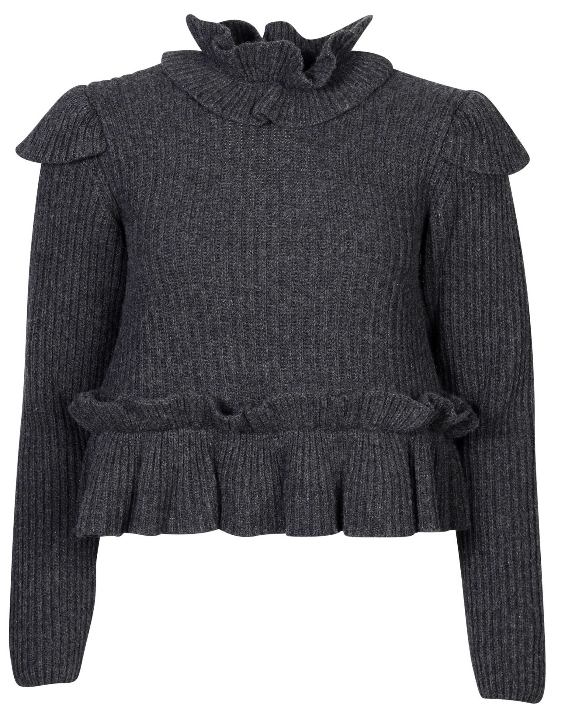 Ganni Recycled Wool Frill Sweater Open Back Dark Grey Melange