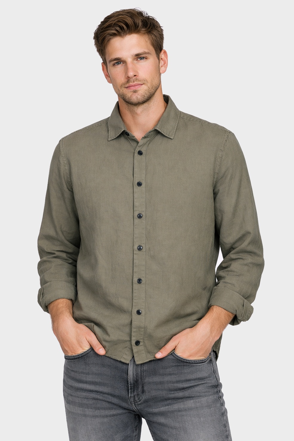 HANNES ROETHER Cotton/Linen Shirt in Olive