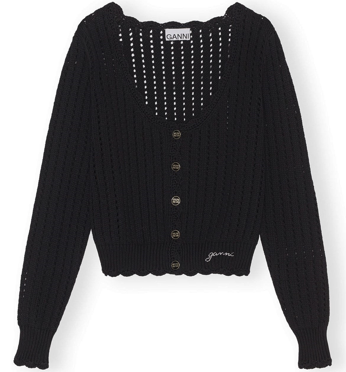 GANNI Cotton Lace Cardigan in Black XS