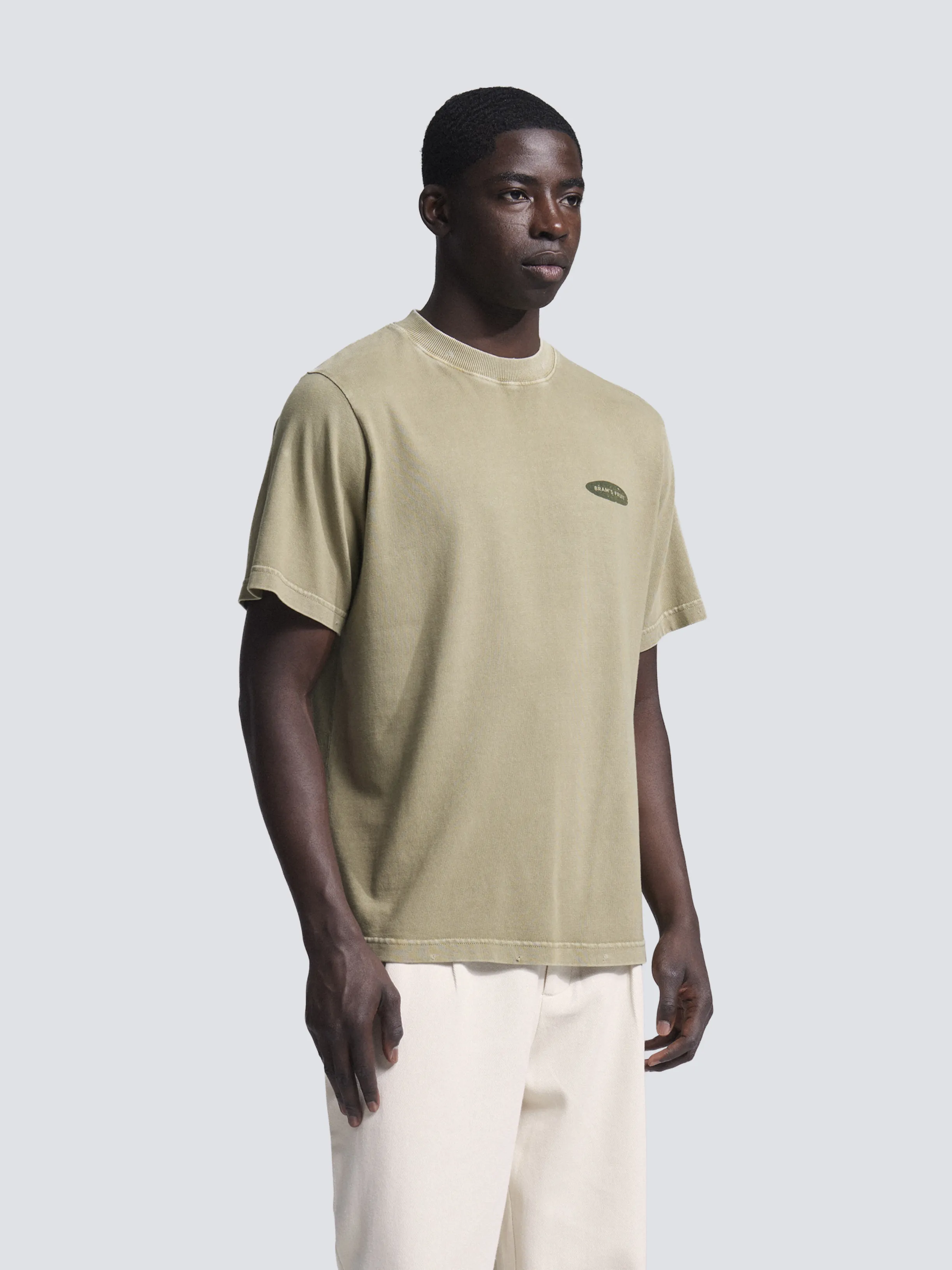 BRAM'S FRUIT ''F*ck Off'' Distressed T-Shirt in Washed Olive Green