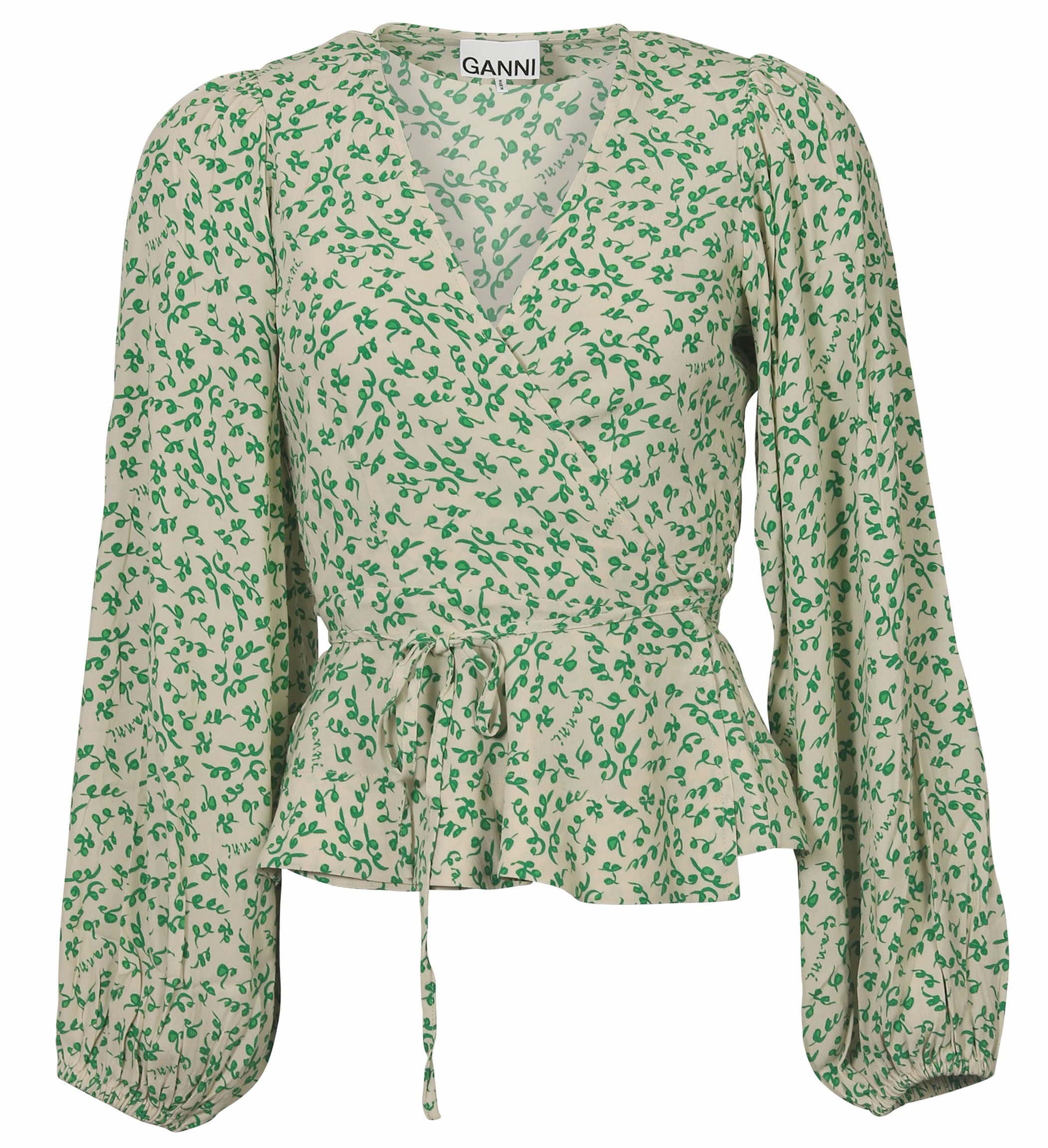 Ganni Wrap Blouse Ecru/Green Printed