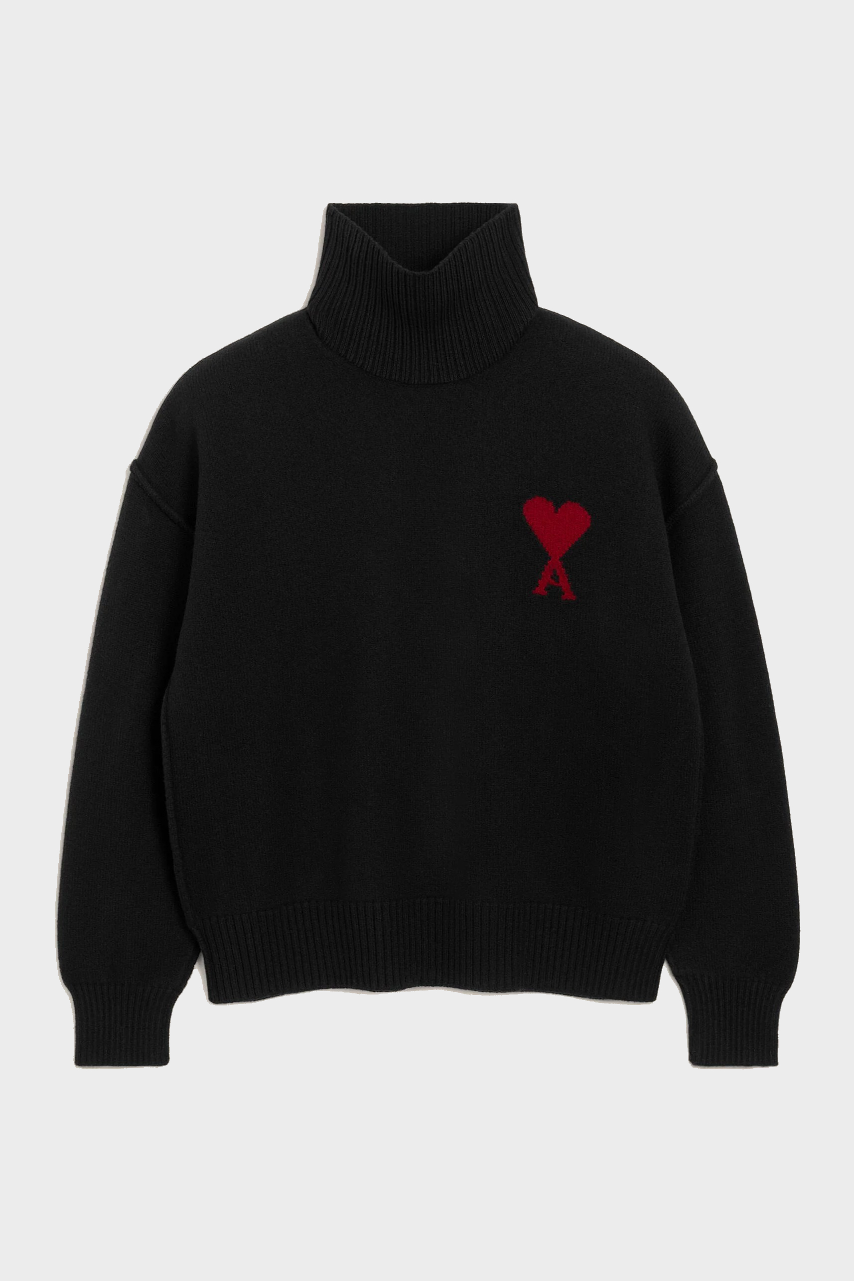 AMI PARIS de Coeur Heavy Knit Turtle Neck Sweater in Black / Red