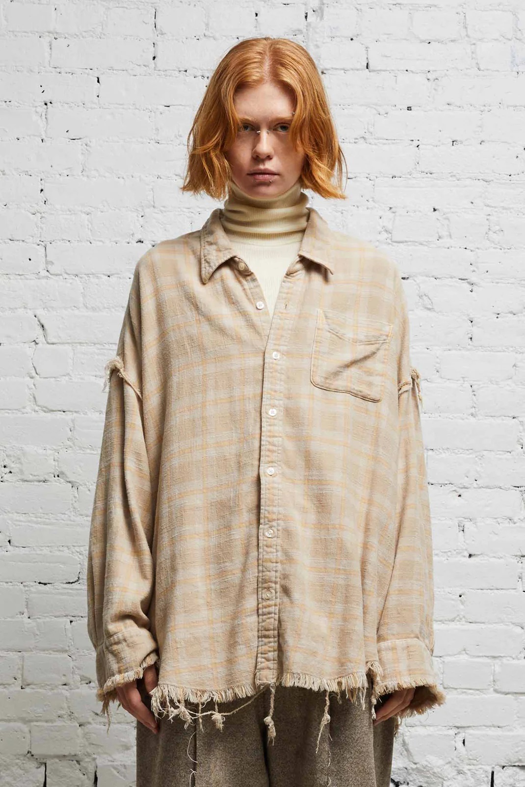 R13 Shredded Seam Shirt in Khaki Overdye Plaid